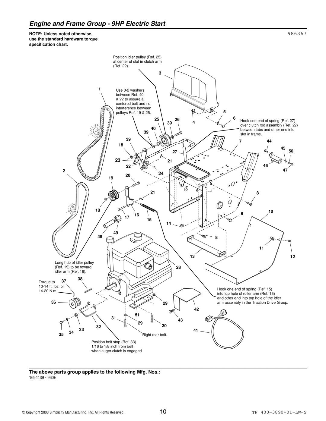 Simplicity 960 manual Engine and Frame Group 9HP Electric Start 