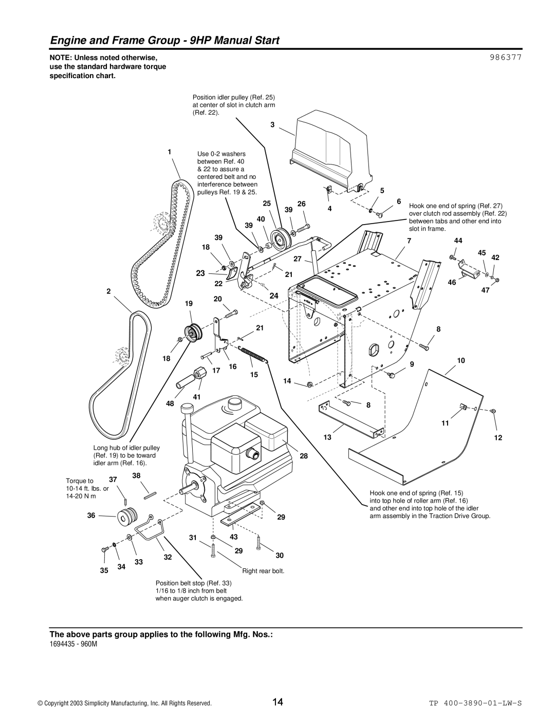 Simplicity 960 manual Engine and Frame Group 9HP Manual Start 