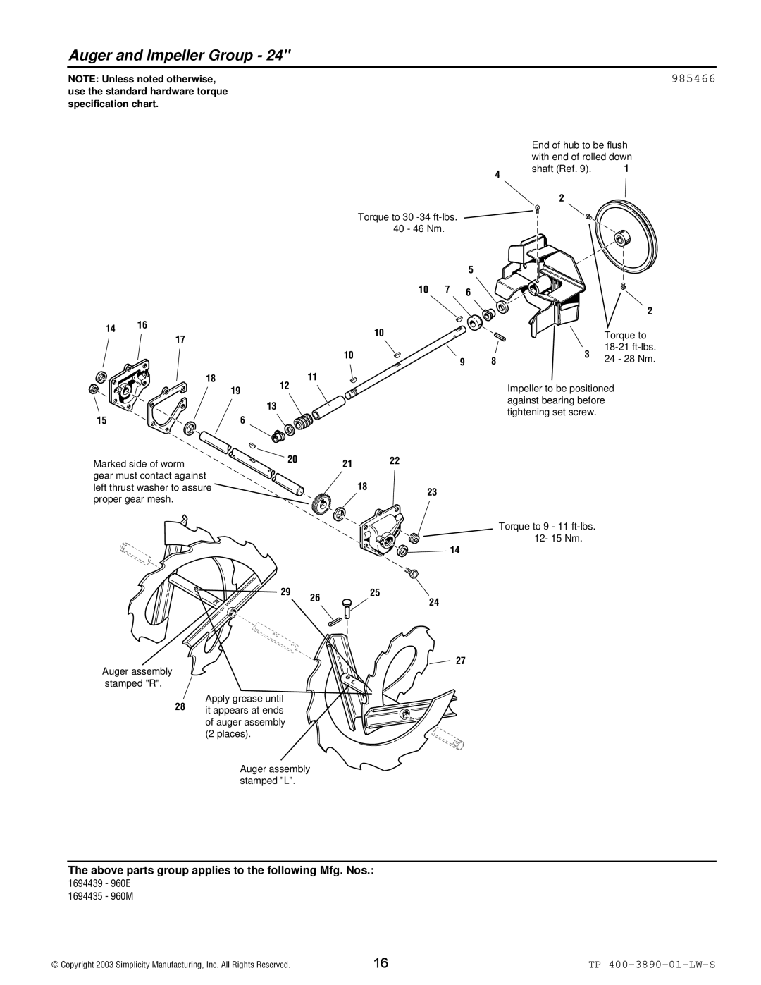 Simplicity 960 manual Auger and Impeller Group, 985466 