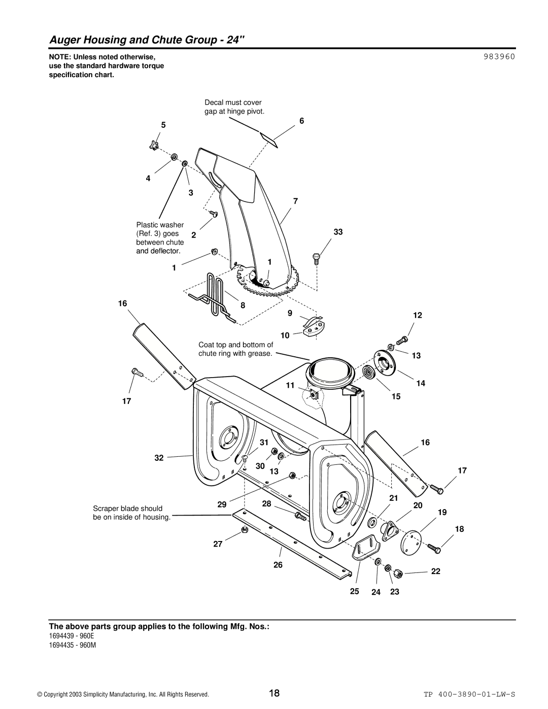 Simplicity manual Auger Housing and Chute Group, 983960 