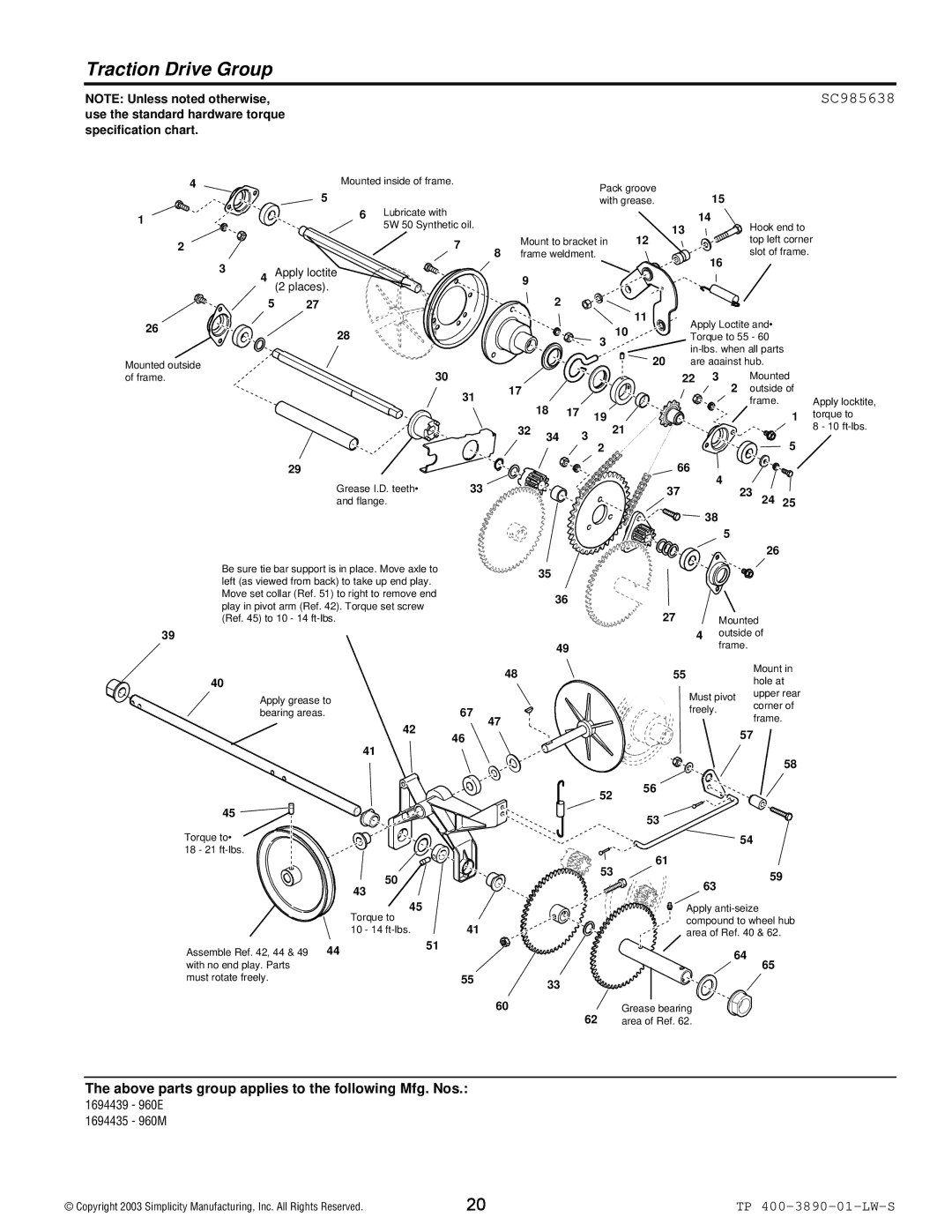 Simplicity 960 manual Traction Drive Group, SC985638 