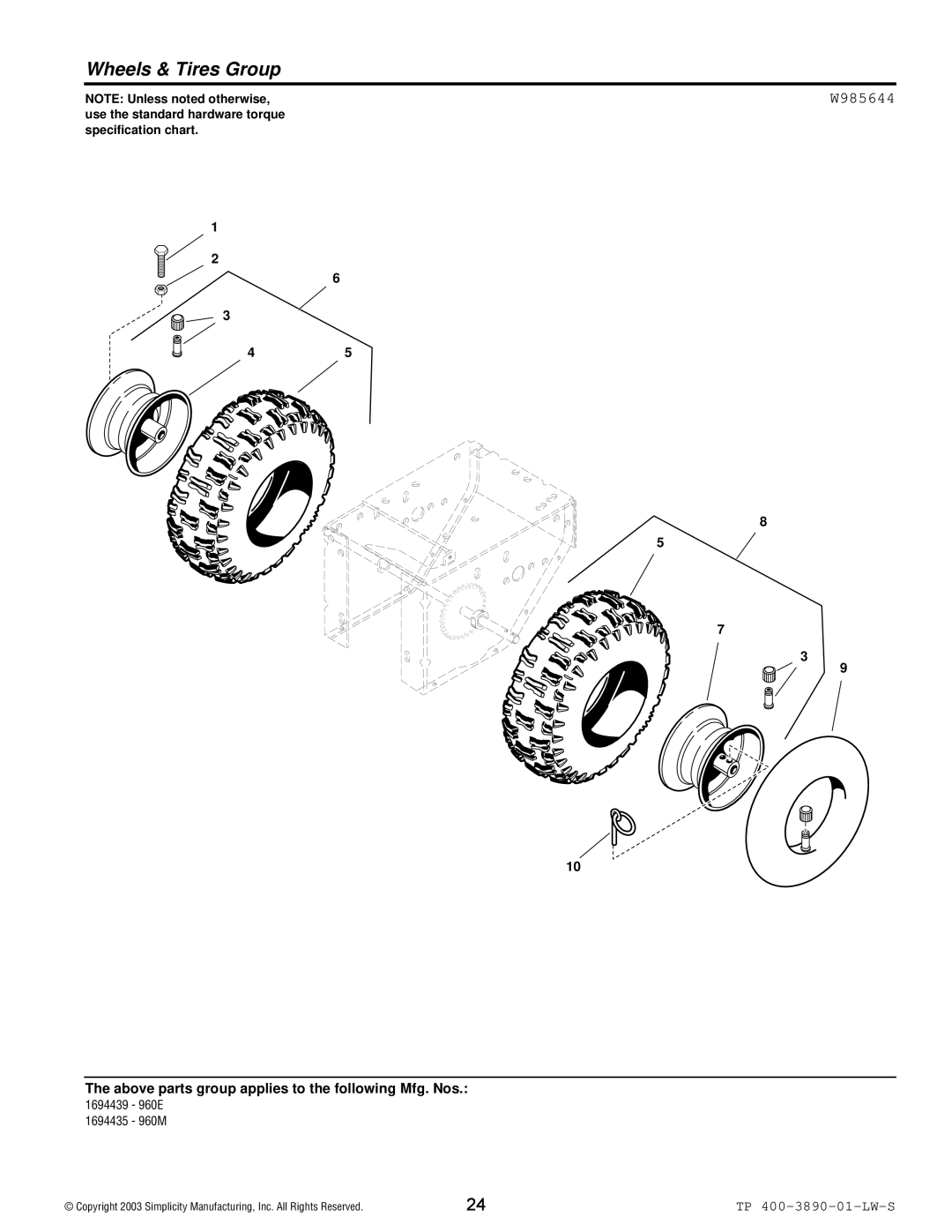 Simplicity 960 manual Wheels & Tires Group, W985644 