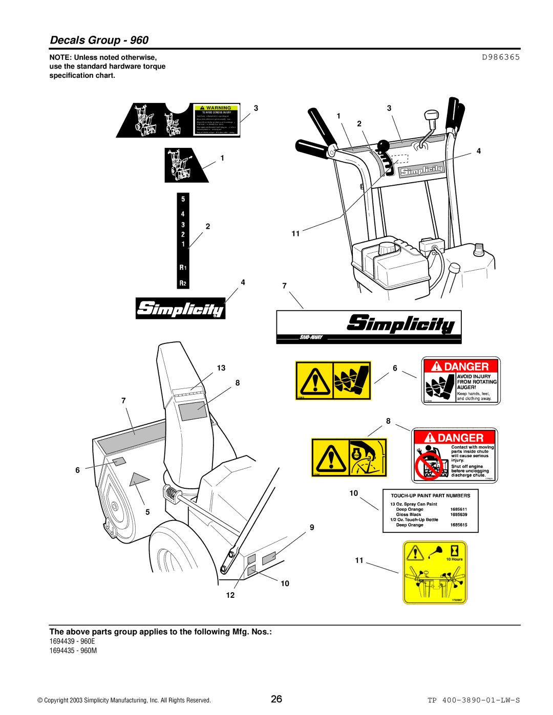 Simplicity 960 manual Decals Group, D986365 