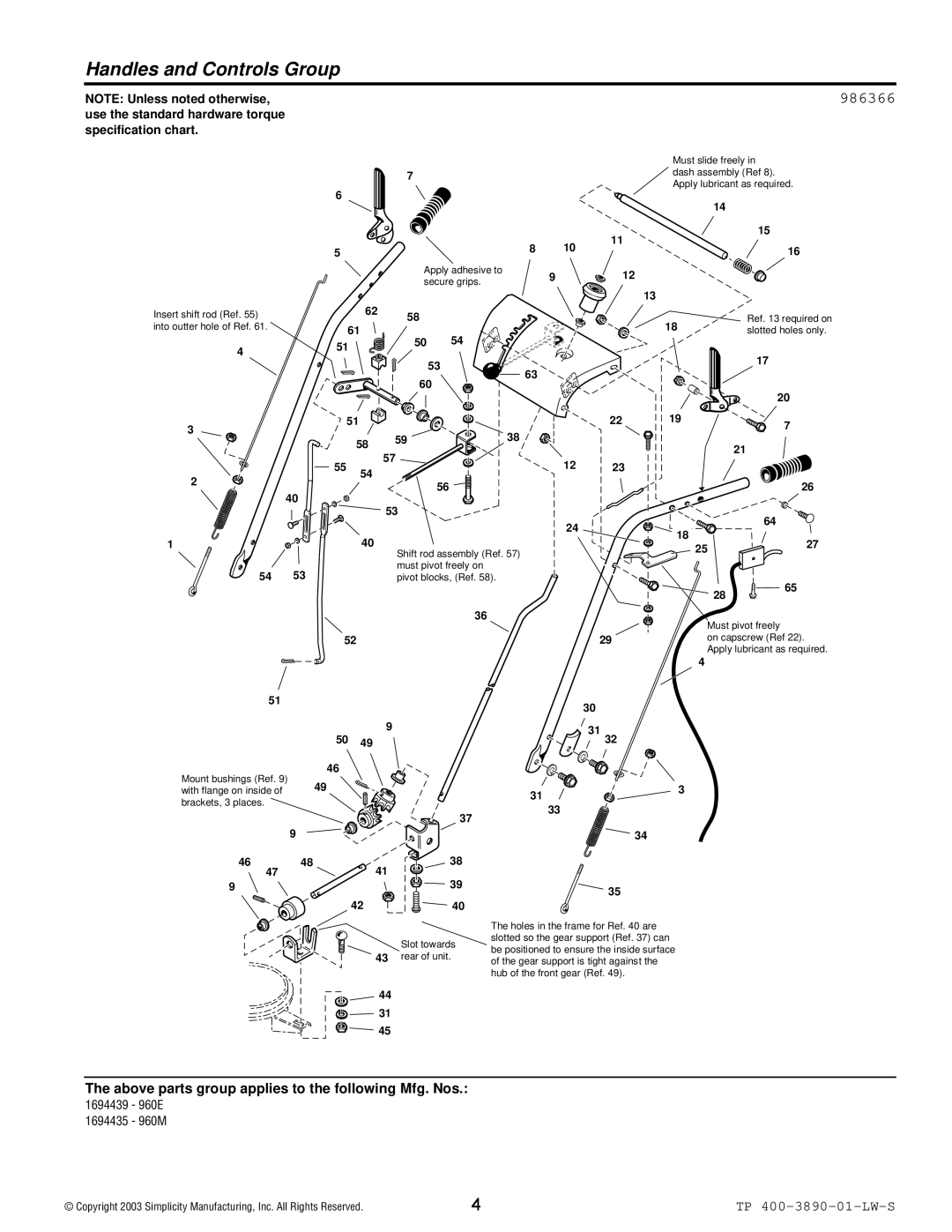 Simplicity 960 manual Handles and Controls Group, 986366 