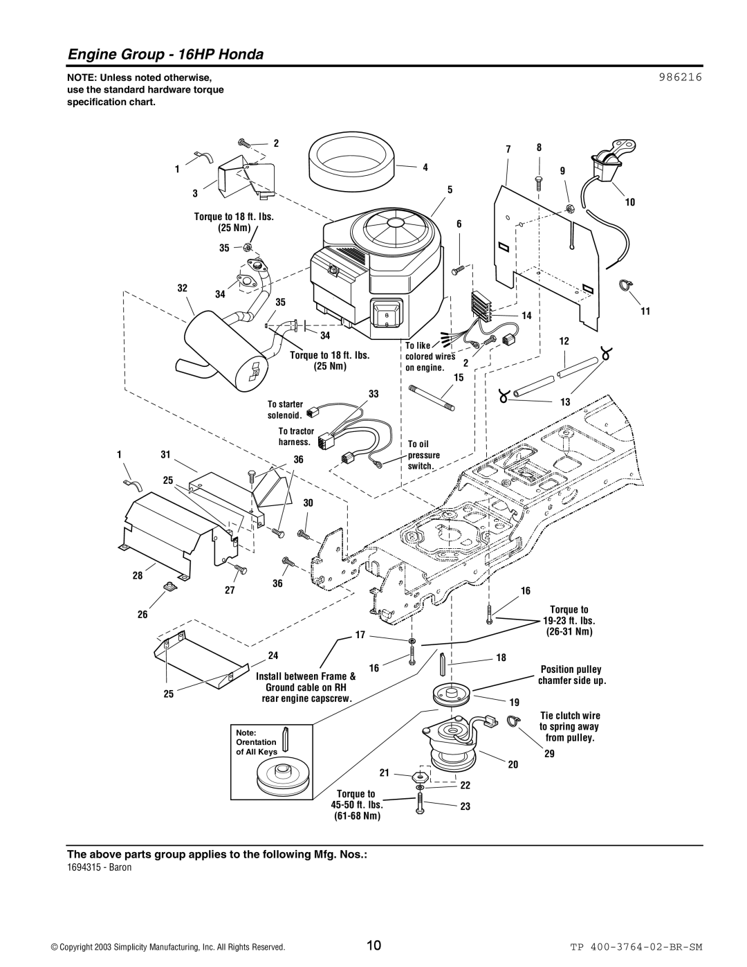 Simplicity Baron / 2400 manual Engine Group 16HP Honda, 986216 