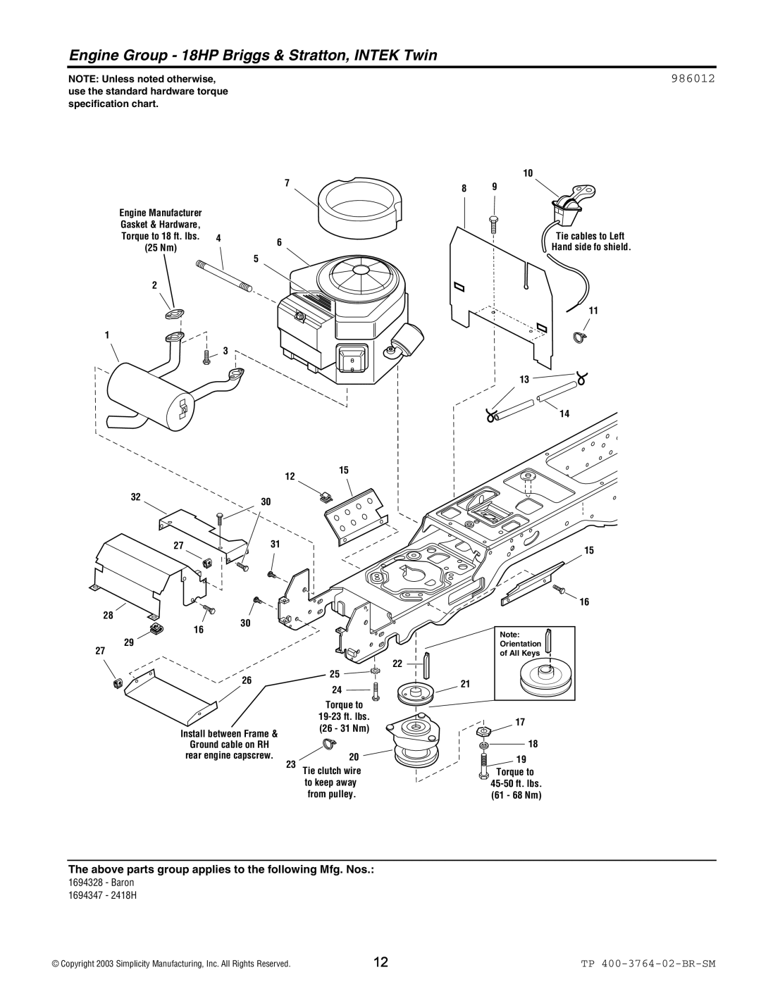 Simplicity Baron / 2400 manual Engine Group 18HP Briggs & Stratton, Intek Twin, 986012 