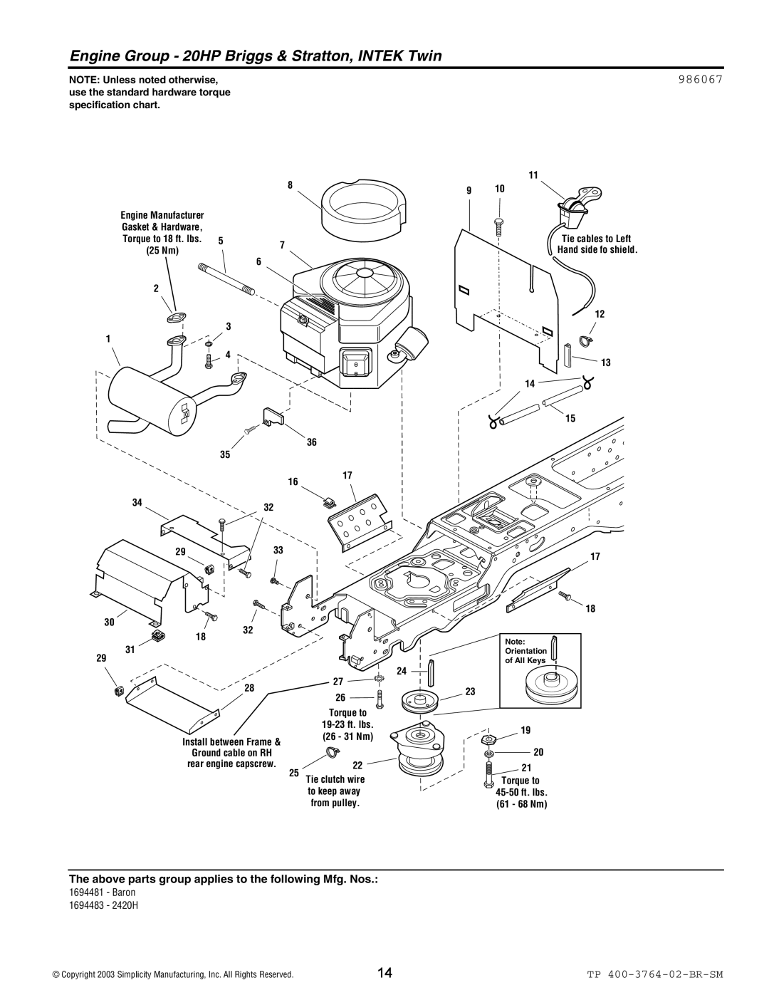 Simplicity Baron / 2400 manual Engine Group 20HP Briggs & Stratton, Intek Twin, 986067 