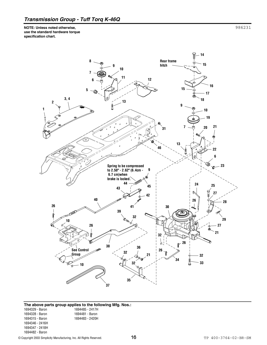 Simplicity Baron / 2400 manual Transmission Group Tuff Torq K-46Q, 986231 