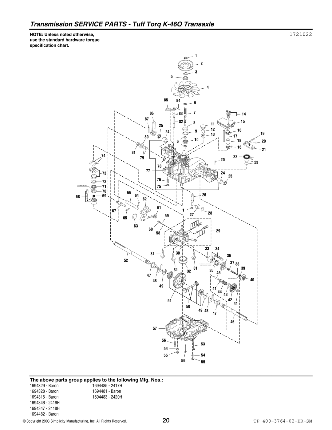 Simplicity Baron / 2400 manual Transmission Service Parts Tuff Torq K-46Q Transaxle, 1721022 