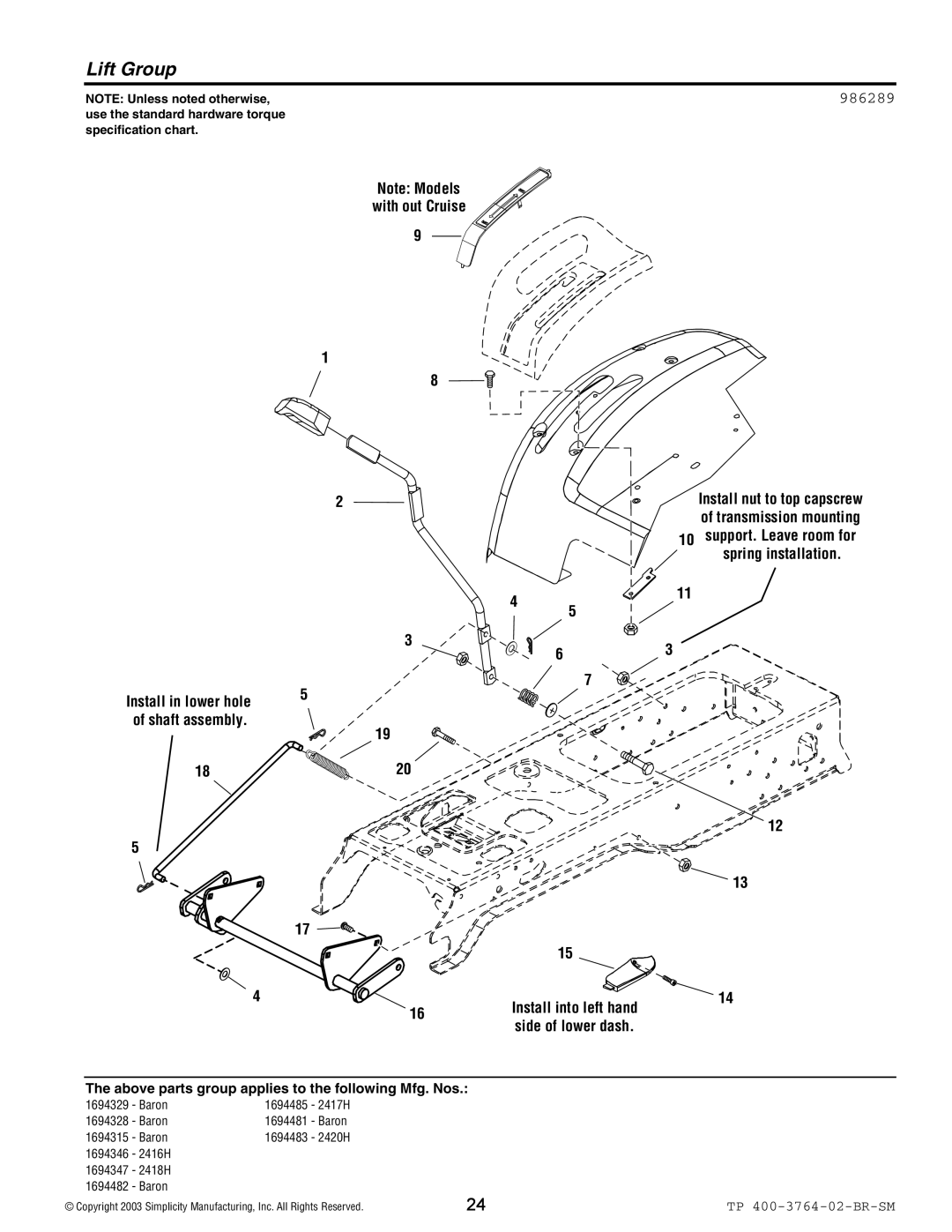 Simplicity Baron / 2400 manual Lift Group, 986289 