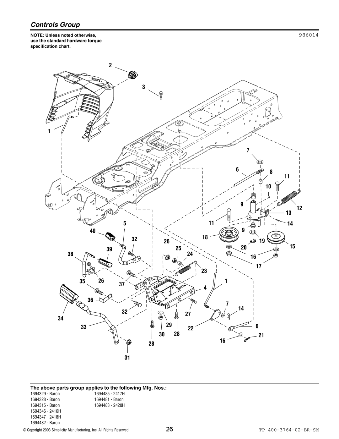 Simplicity Baron / 2400 manual Controls Group, 986014 