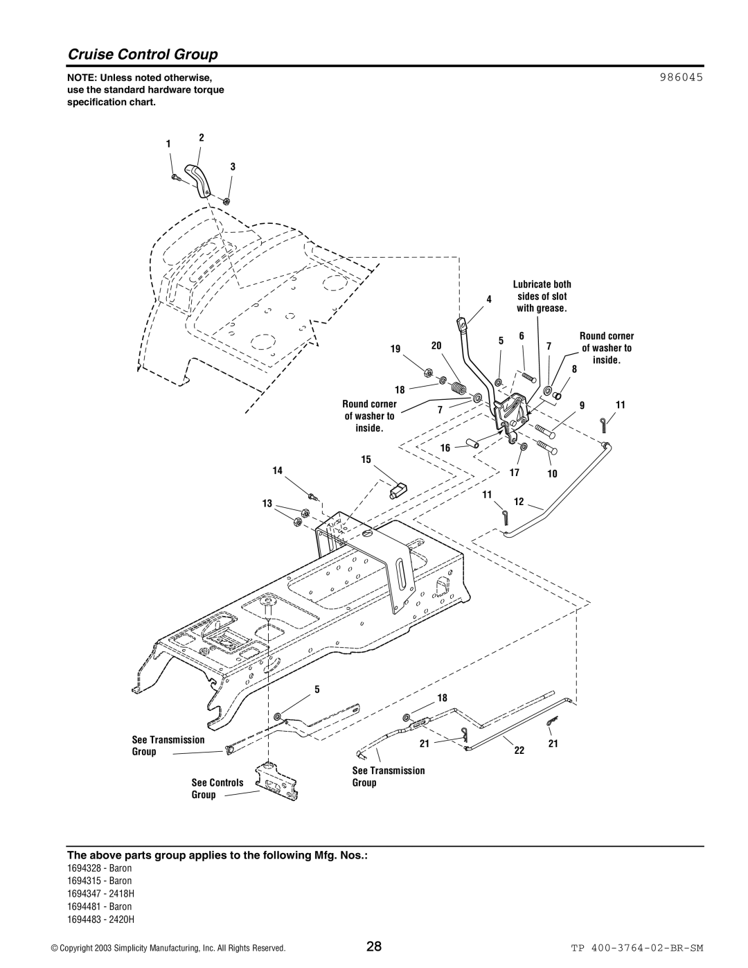 Simplicity Baron / 2400 manual Cruise Control Group, 986045 