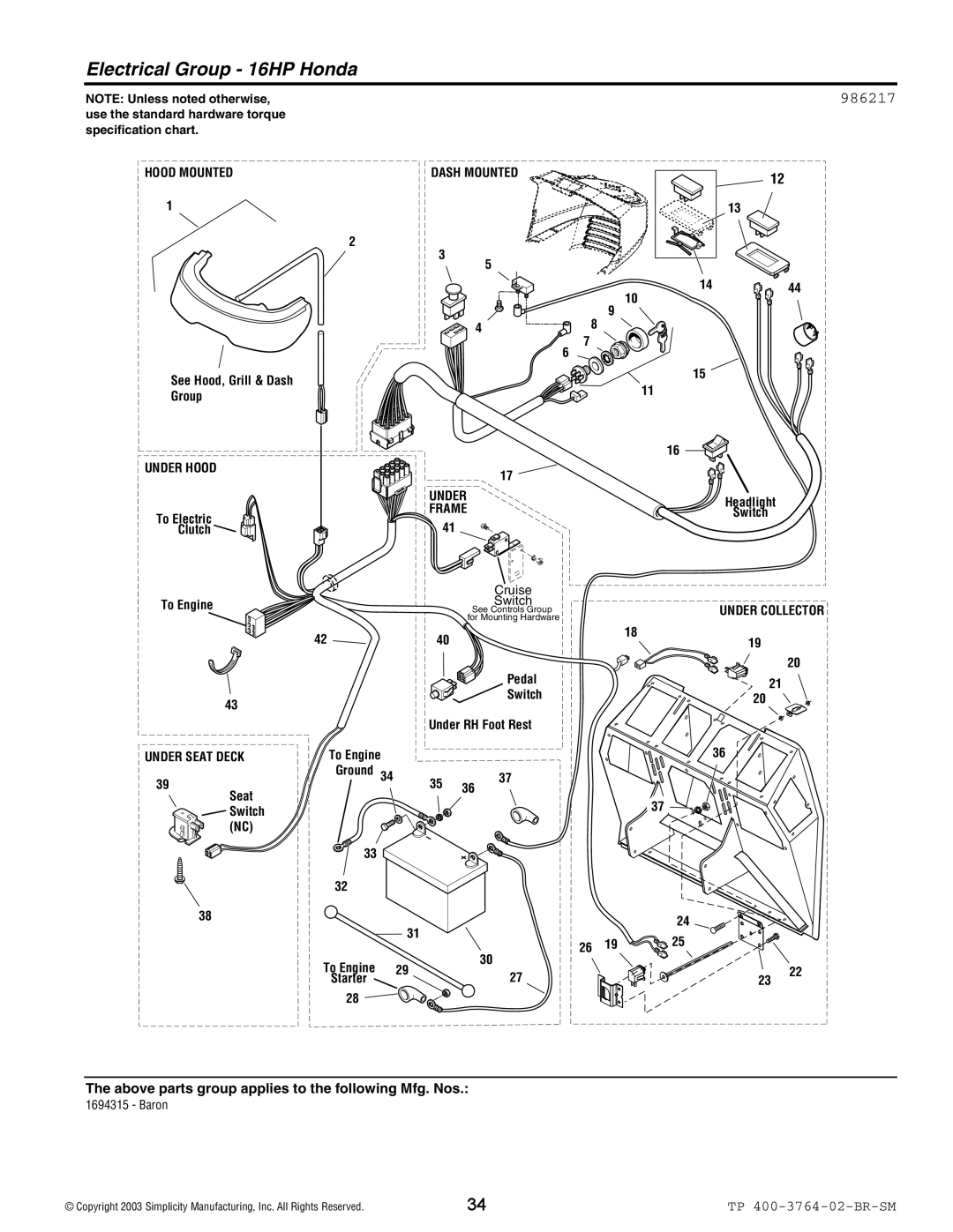 Simplicity Baron / 2400 manual Electrical Group 16HP Honda, 986217 