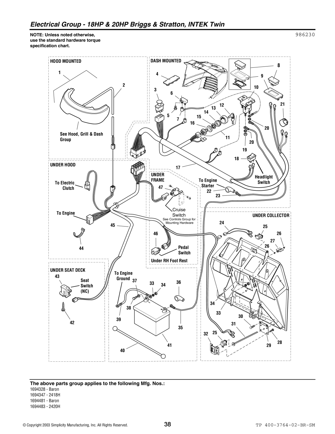Simplicity Baron / 2400 manual Electrical Group 18HP & 20HP Briggs & Stratton, Intek Twin, 986230 