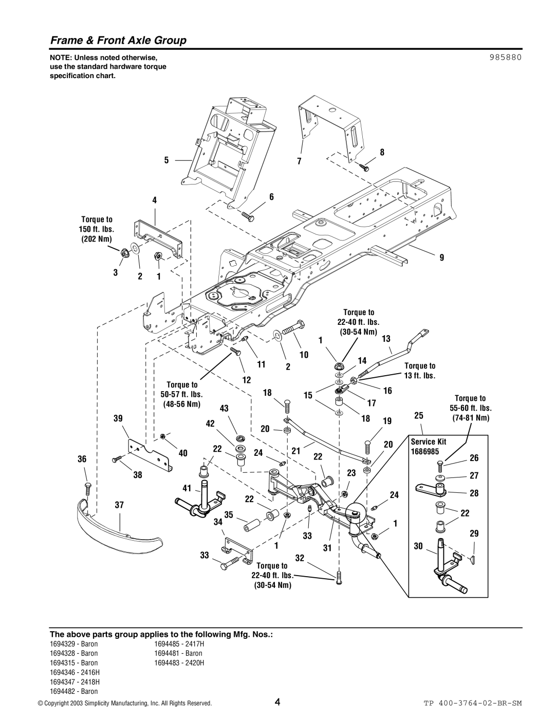 Simplicity Baron / 2400 manual Frame & Front Axle Group, 985880 