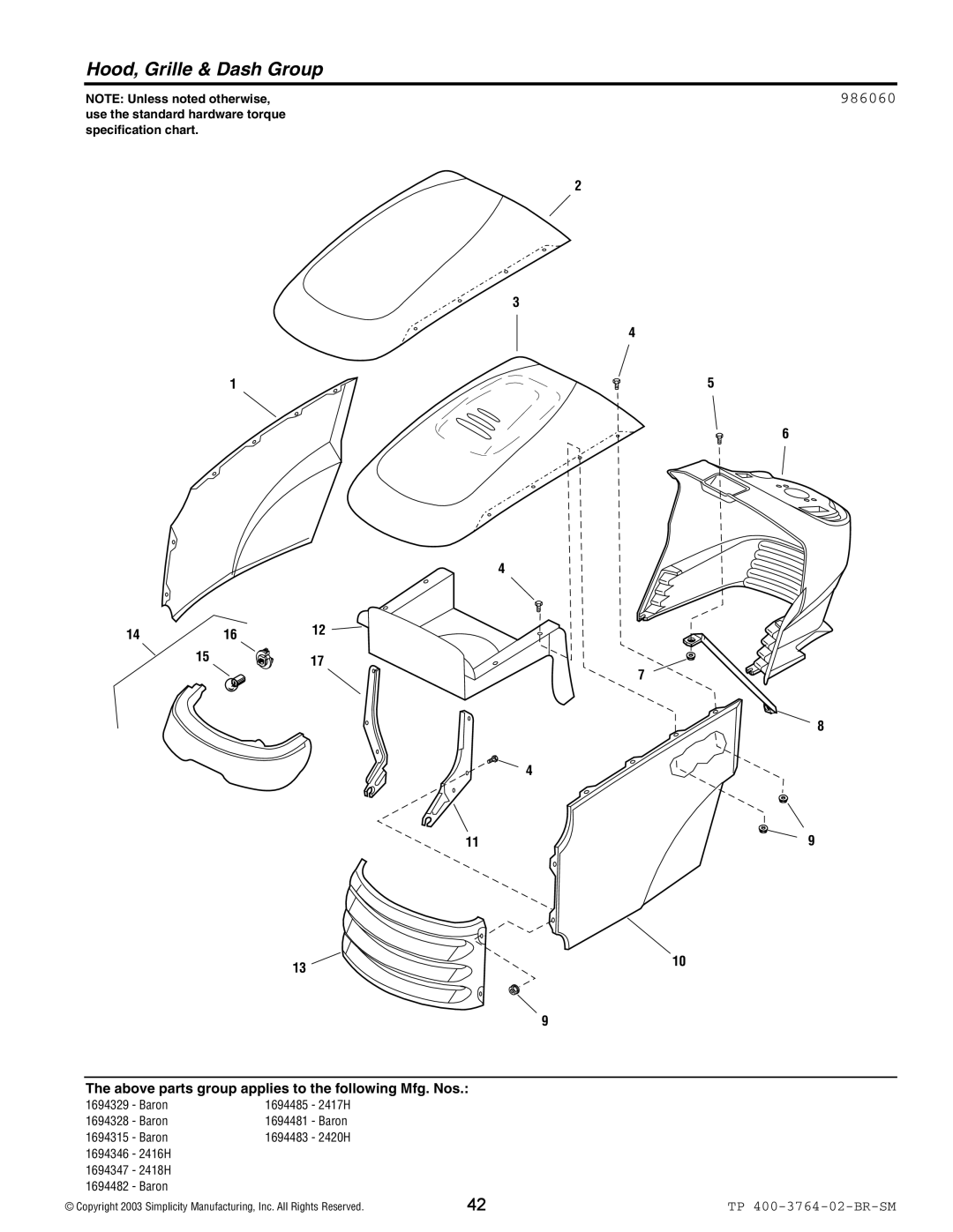 Simplicity Baron / 2400 manual Hood, Grille & Dash Group, 986060 