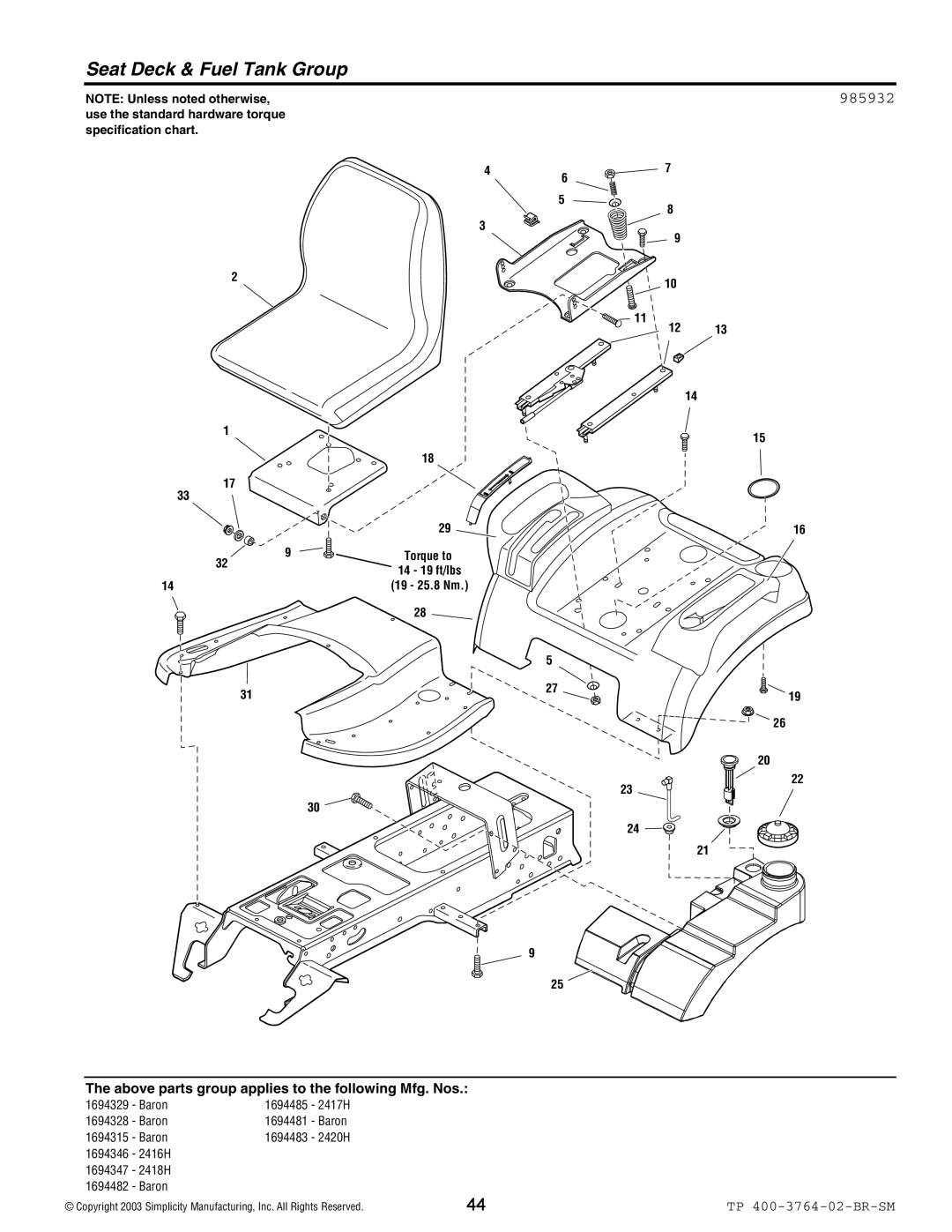 Simplicity Baron / 2400 manual Seat Deck & Fuel Tank Group, 985932 