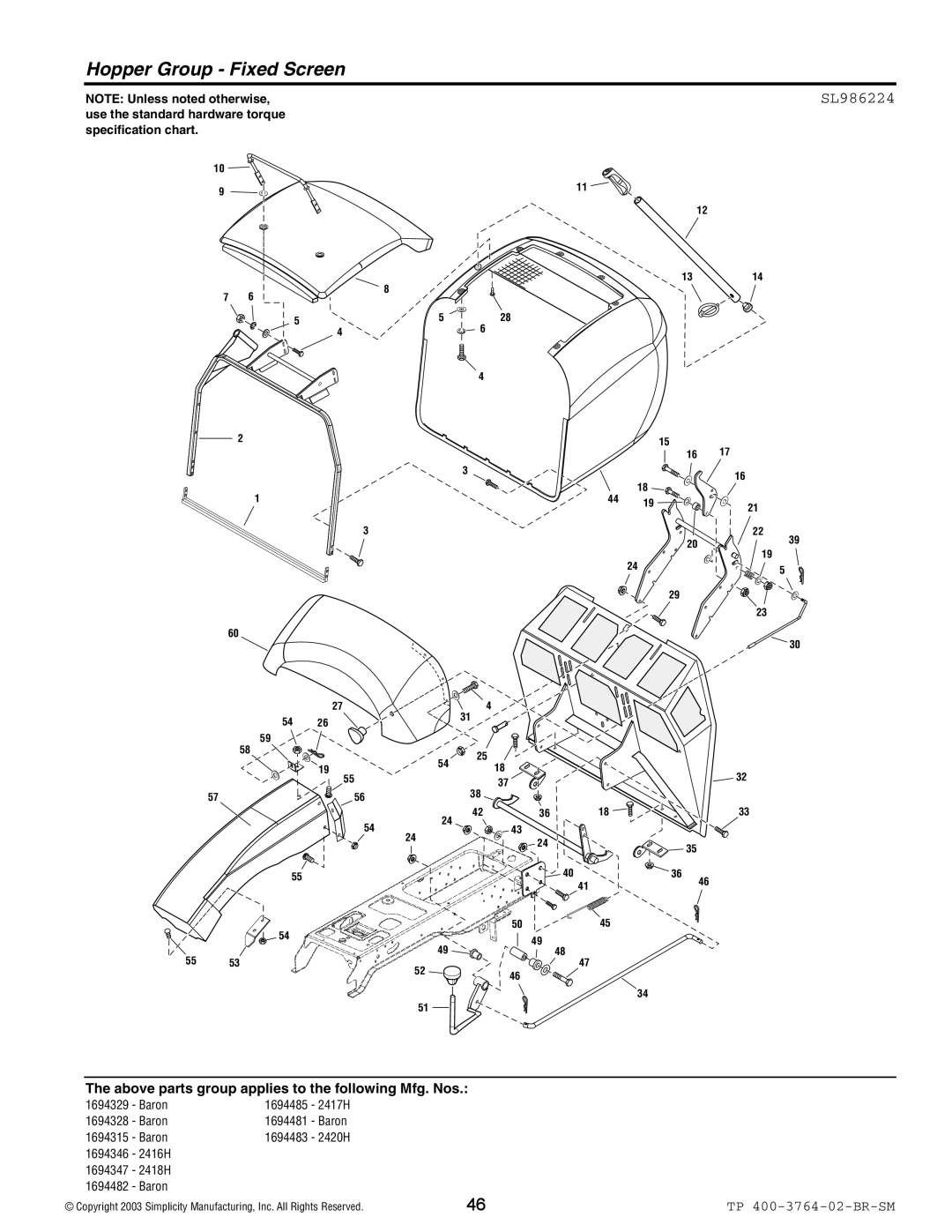 Simplicity Baron / 2400 manual Hopper Group Fixed Screen, SL986224 