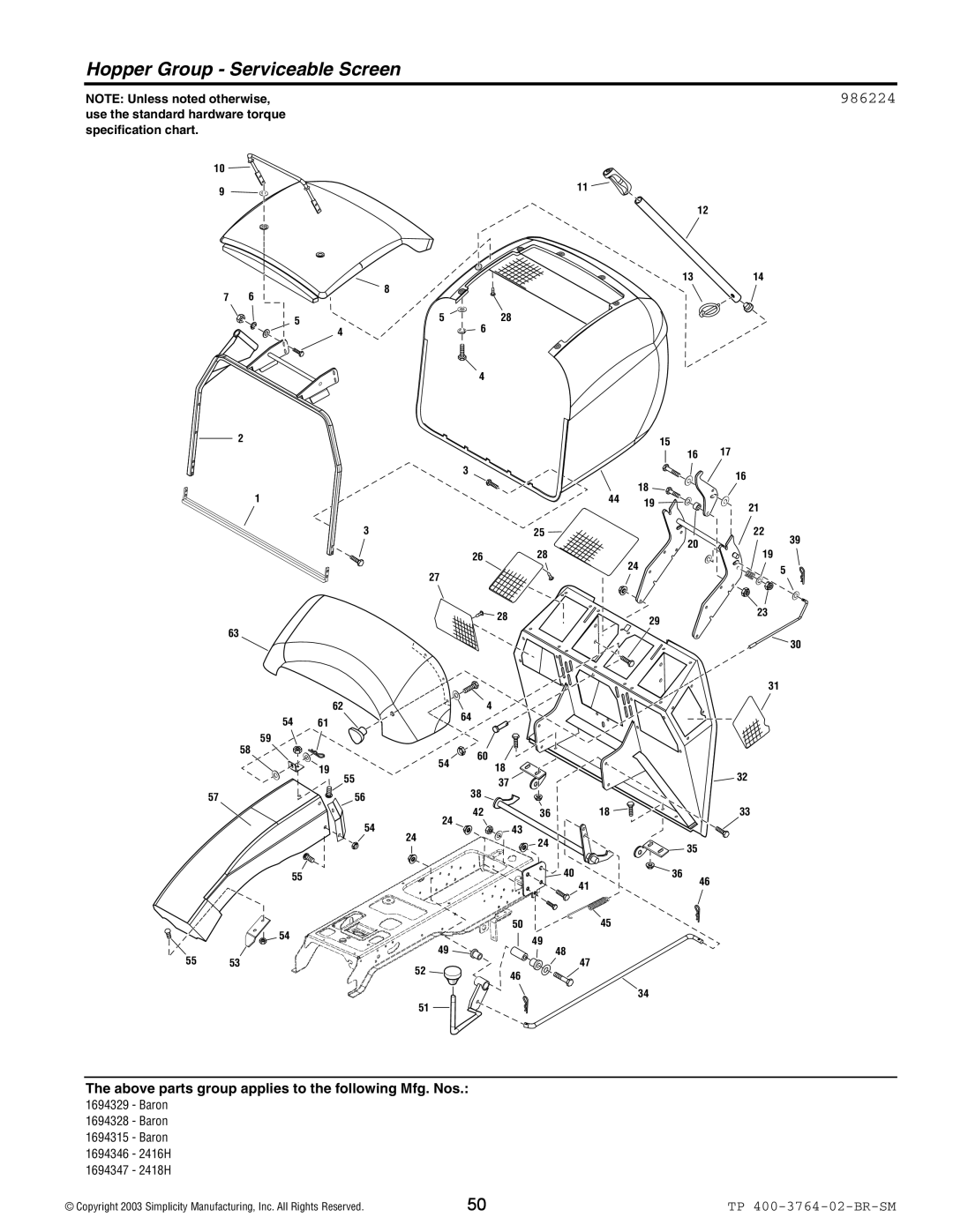 Simplicity Baron / 2400 manual Hopper Group Serviceable Screen, 986224 