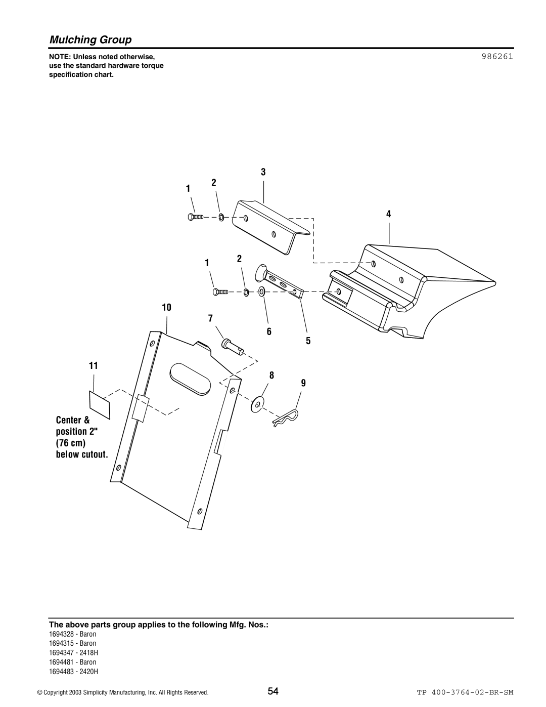 Simplicity Baron / 2400 manual Mulching Group, 986261 