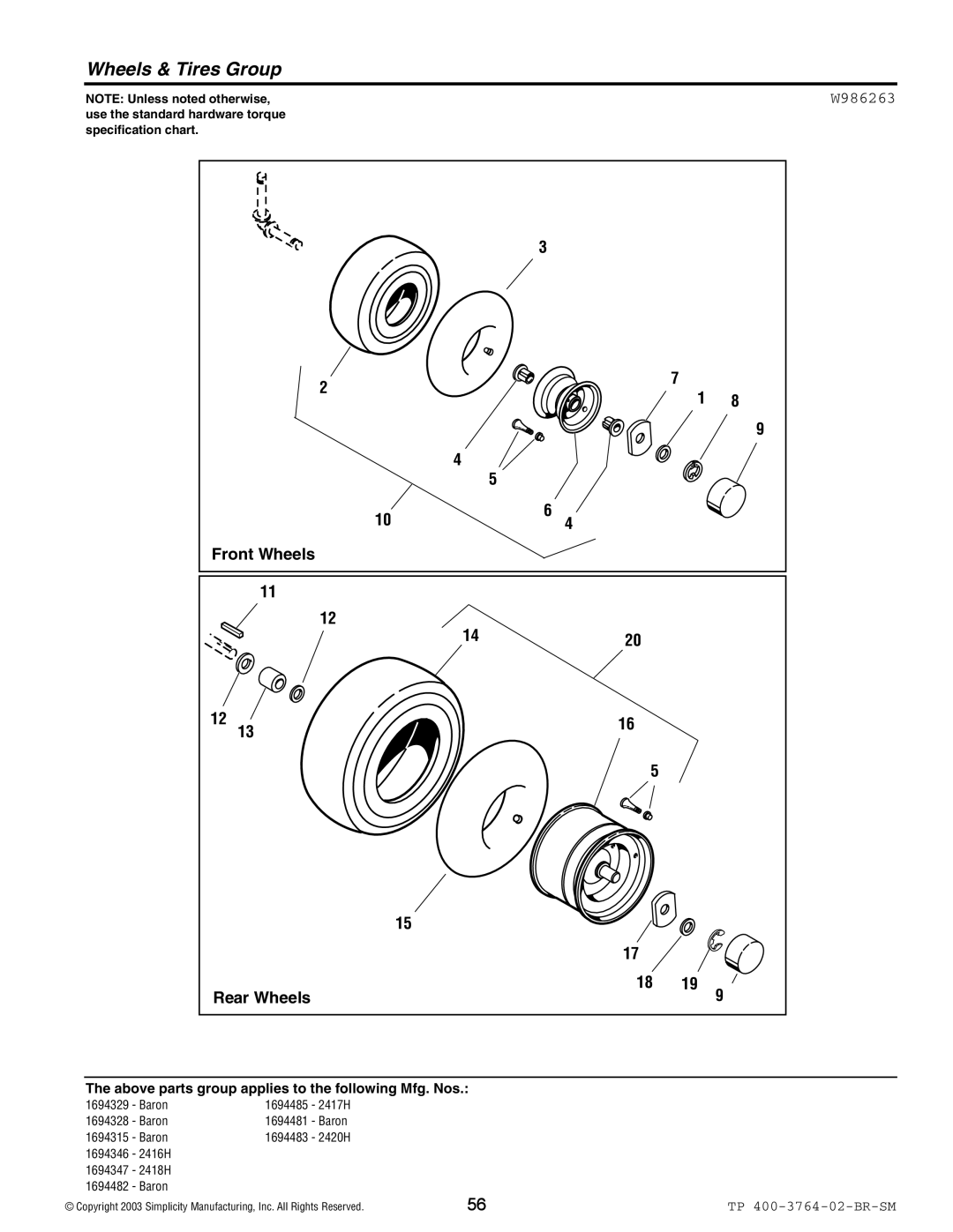 Simplicity Baron / 2400 manual Wheels & Tires Group, W986263 