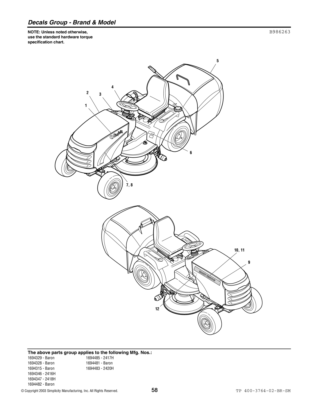 Simplicity Baron / 2400 manual Decals Group Brand & Model, B986263 