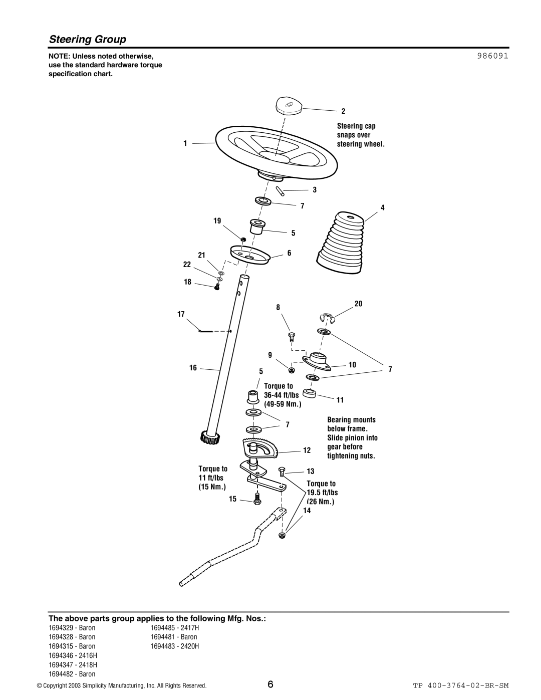 Simplicity Baron / 2400 manual Steering Group, 986091 