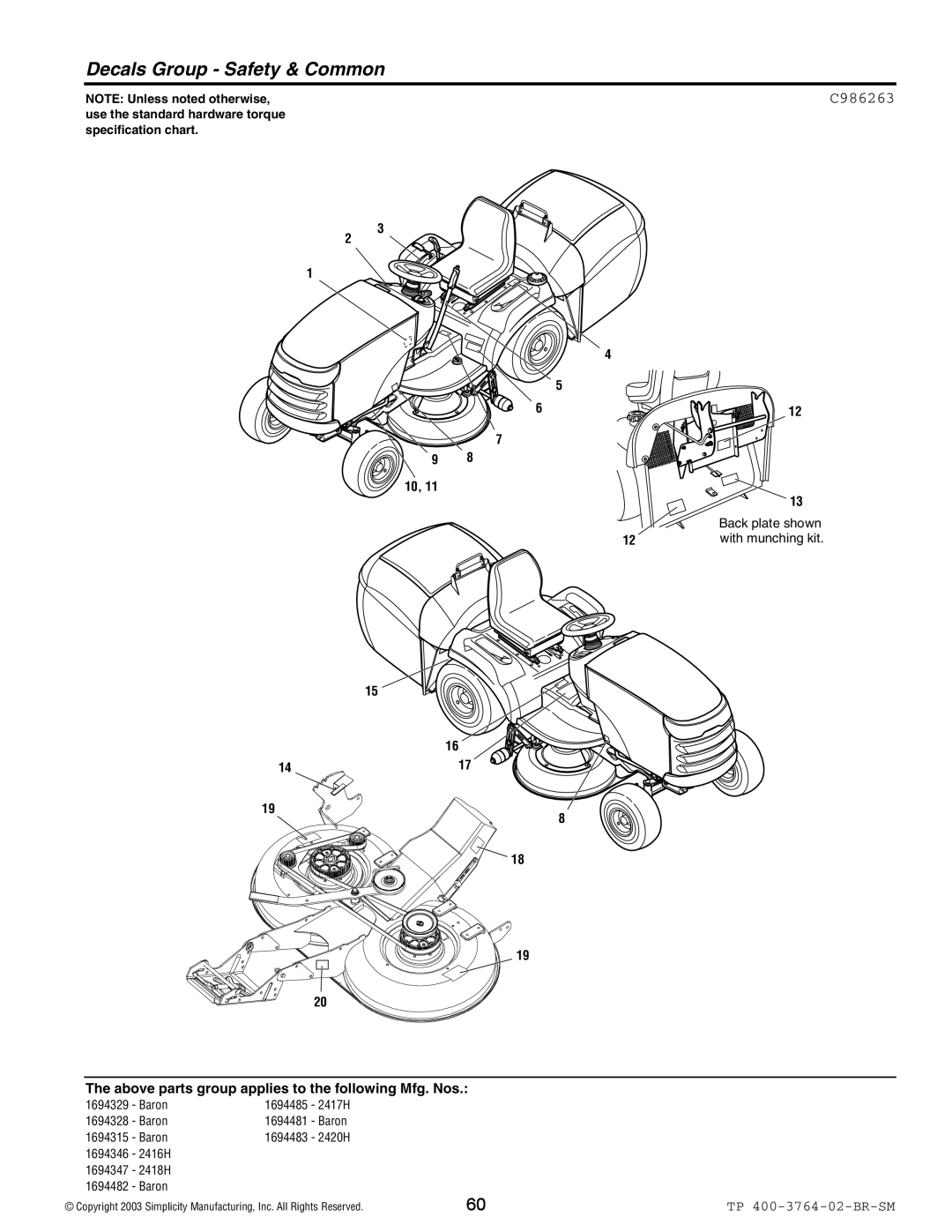 Simplicity Baron / 2400 manual Decals Group Safety & Common, C986263 