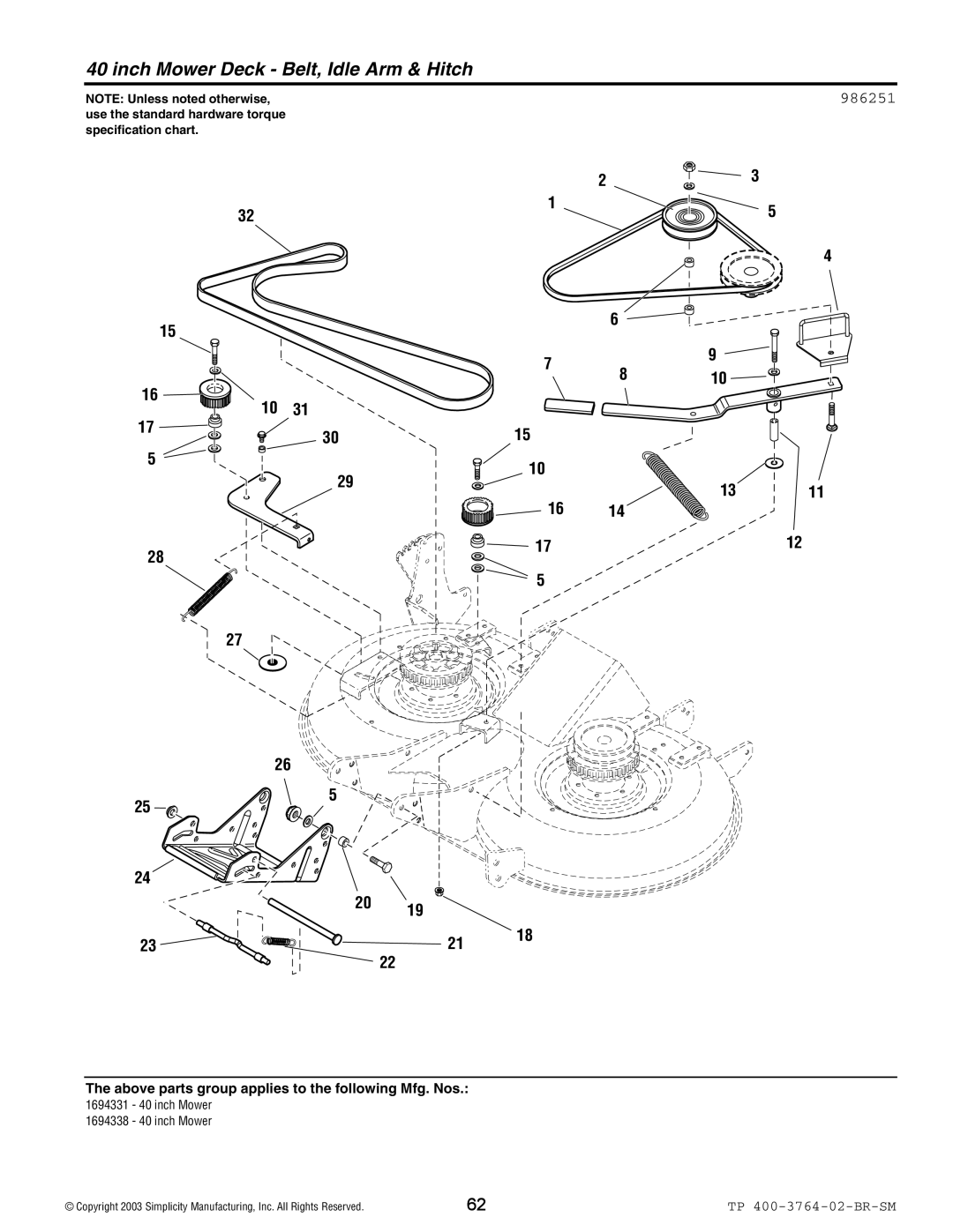 Simplicity Baron / 2400 manual Inch Mower Deck Belt, Idle Arm & Hitch, 986251 