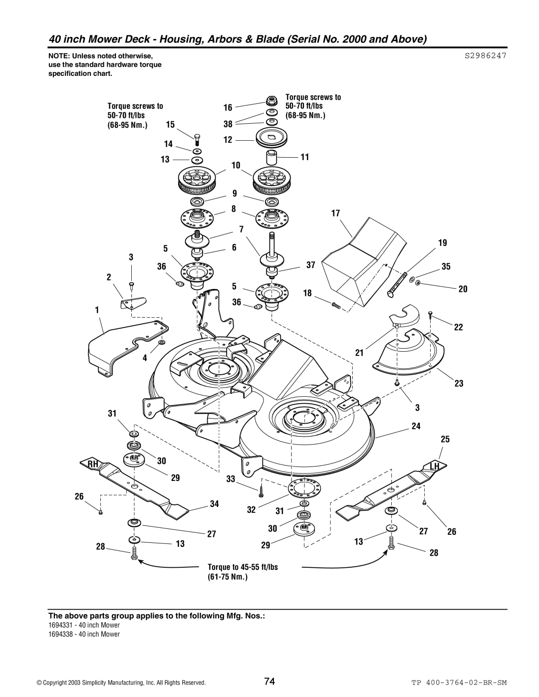 Simplicity Baron / 2400 manual Inch Mower Deck Housing, Arbors & Blade Serial No and Above, S2986247 