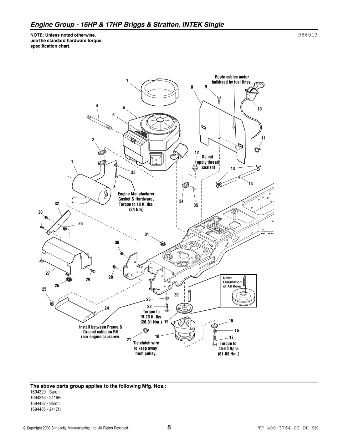 Simplicity Baron / 2400 manual Engine Group 16HP & 17HP Briggs & Stratton, Intek Single, 986013 