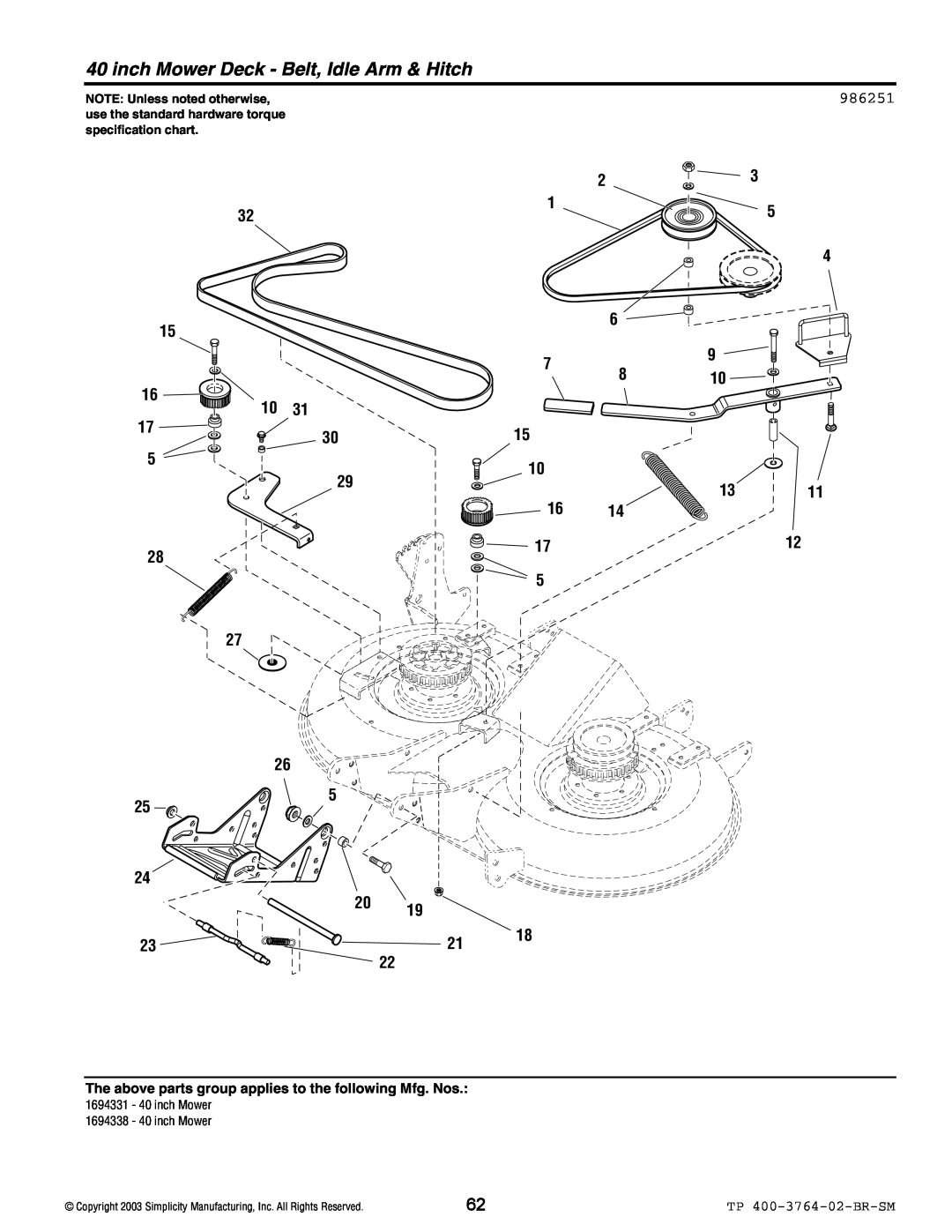 Simplicity Baron / 2400 manual inch Mower Deck - Belt, Idle Arm & Hitch, 986251, TP 400-3764-02-BR-SM 