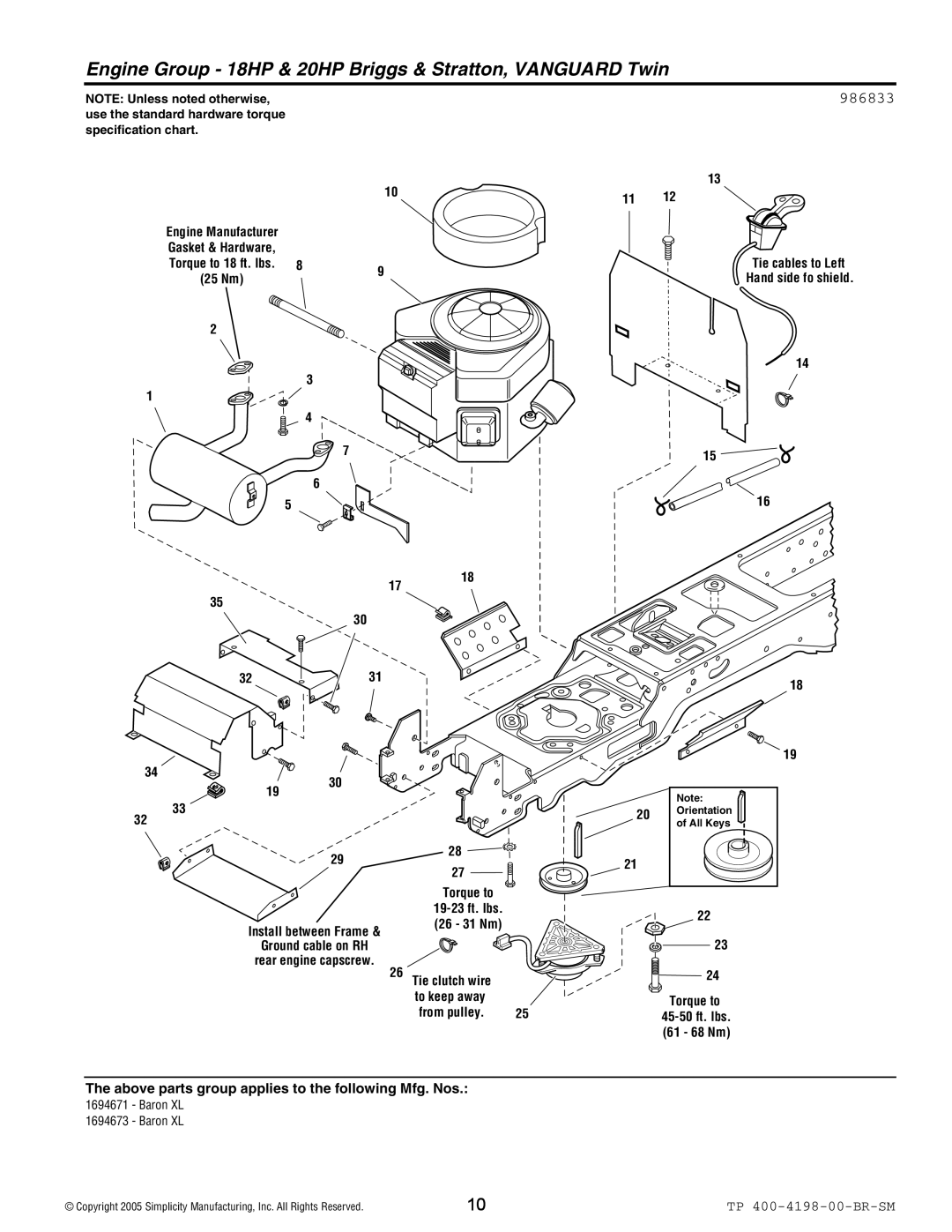 Simplicity Baron XL manual Engine Group 18HP & 20HP Briggs & Stratton, Vanguard Twin, 986833 