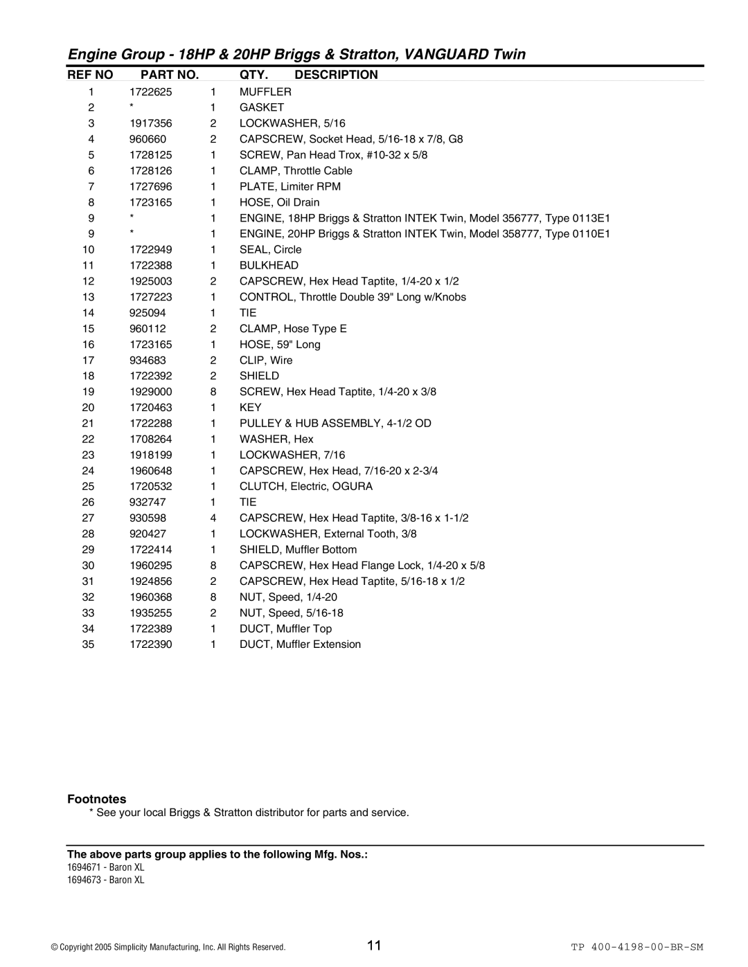 Simplicity Baron XL manual Muffler Gasket, LOCKWASHER, 5/16, Bulkhead, Tie, Shield, Key, Pulley & HUB ASSEMBLY, 4-1/2 OD 