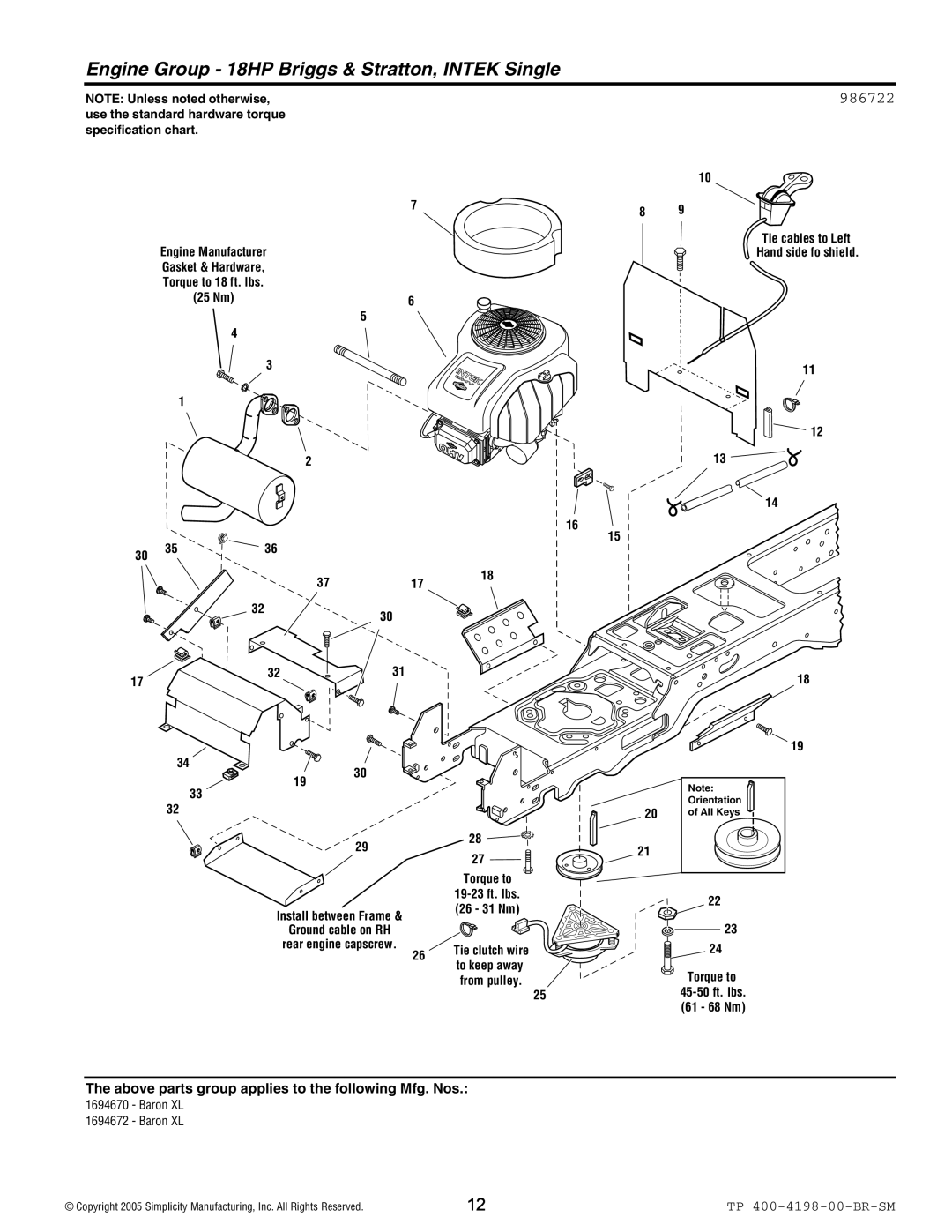 Simplicity Baron XL manual Engine Group 18HP Briggs & Stratton, Intek Single, 986722 