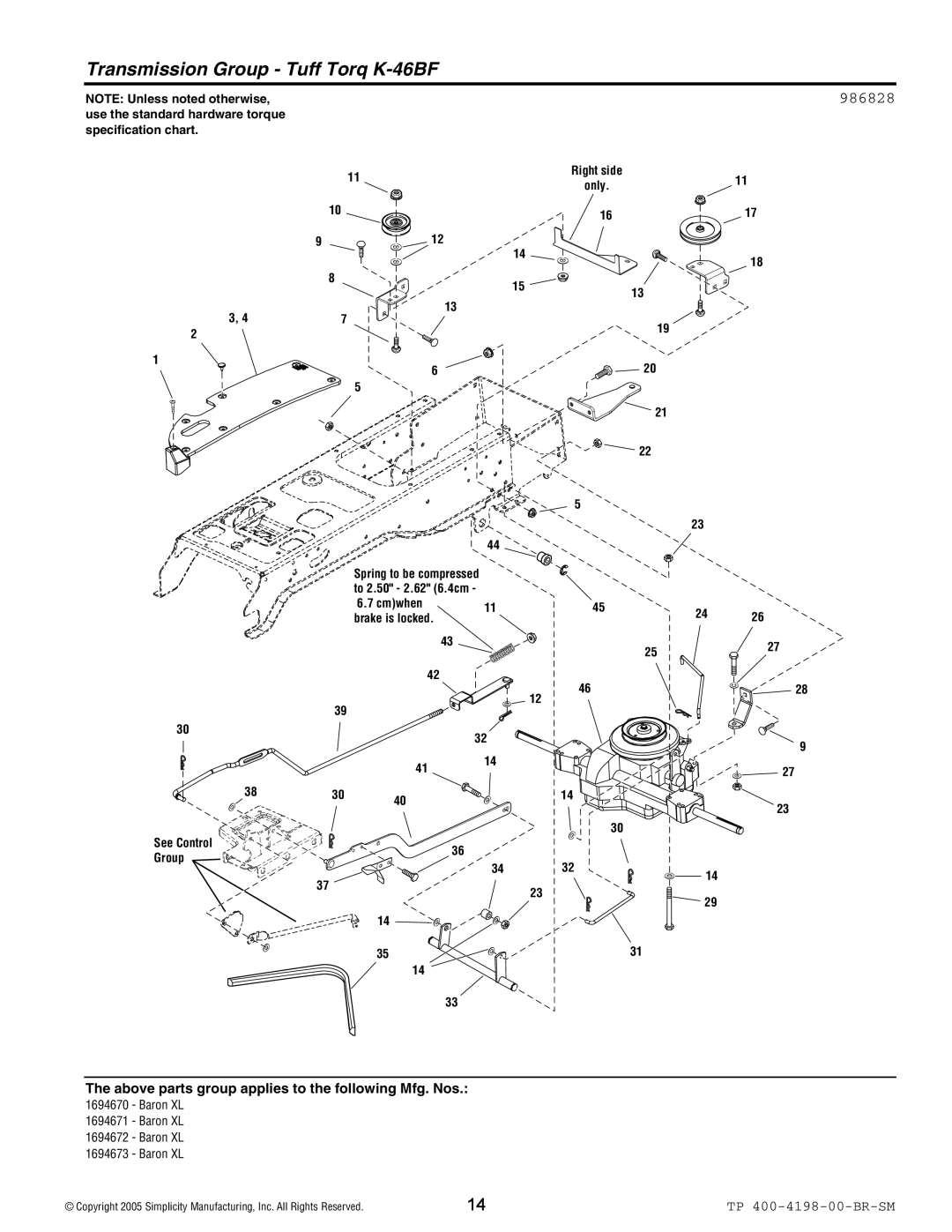 Simplicity Baron XL manual Transmission Group Tuff Torq K-46BF, 986828 