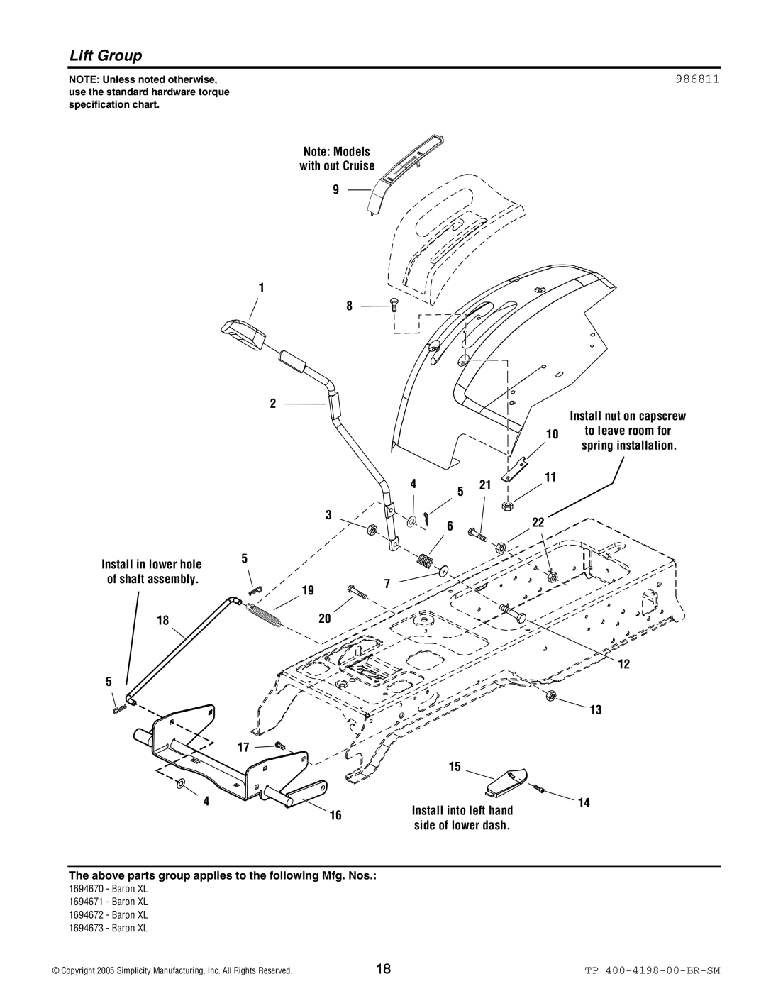 Simplicity Baron XL manual Lift Group, 986811 