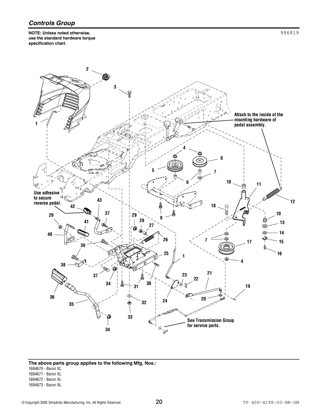 Simplicity Baron XL manual Controls Group, 986819 