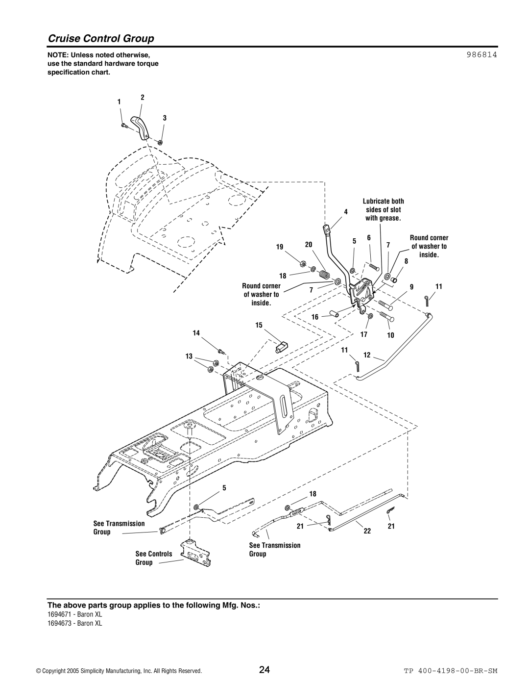 Simplicity Baron XL manual Cruise Control Group, 986814 