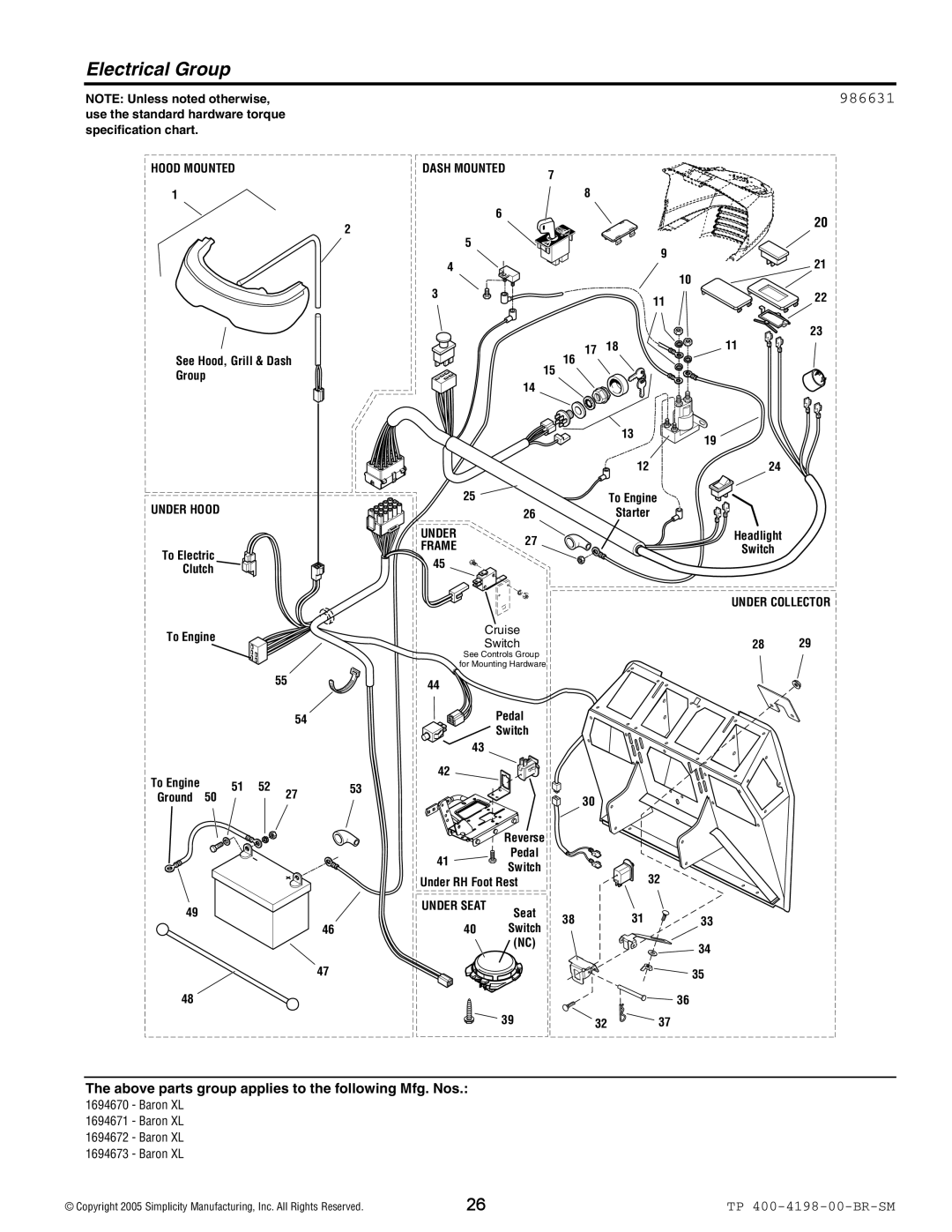 Simplicity Baron XL manual Electrical Group, 986631 