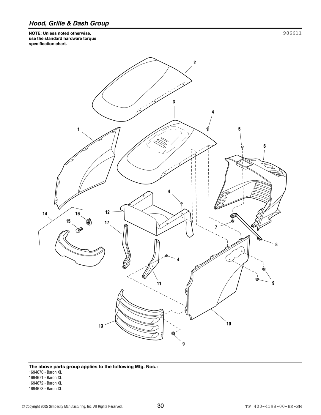 Simplicity Baron XL manual Hood, Grille & Dash Group, 986611 