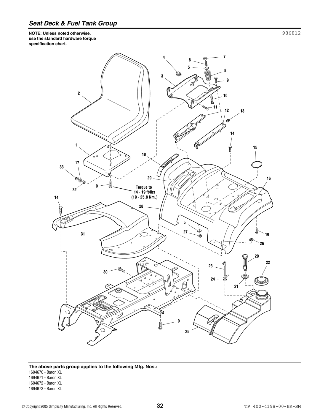 Simplicity Baron XL manual Seat Deck & Fuel Tank Group, 986812 