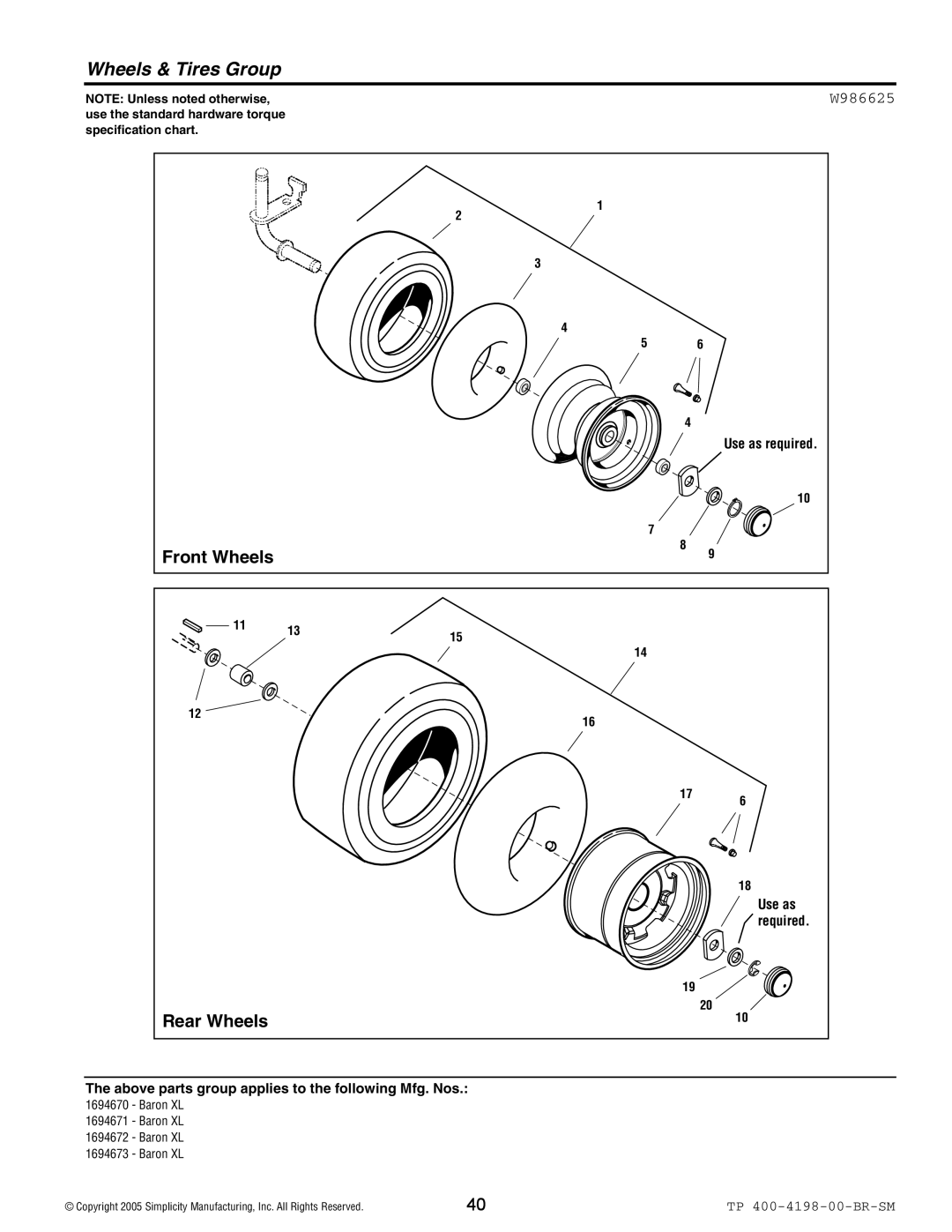 Simplicity Baron XL manual Wheels & Tires Group, W986625 