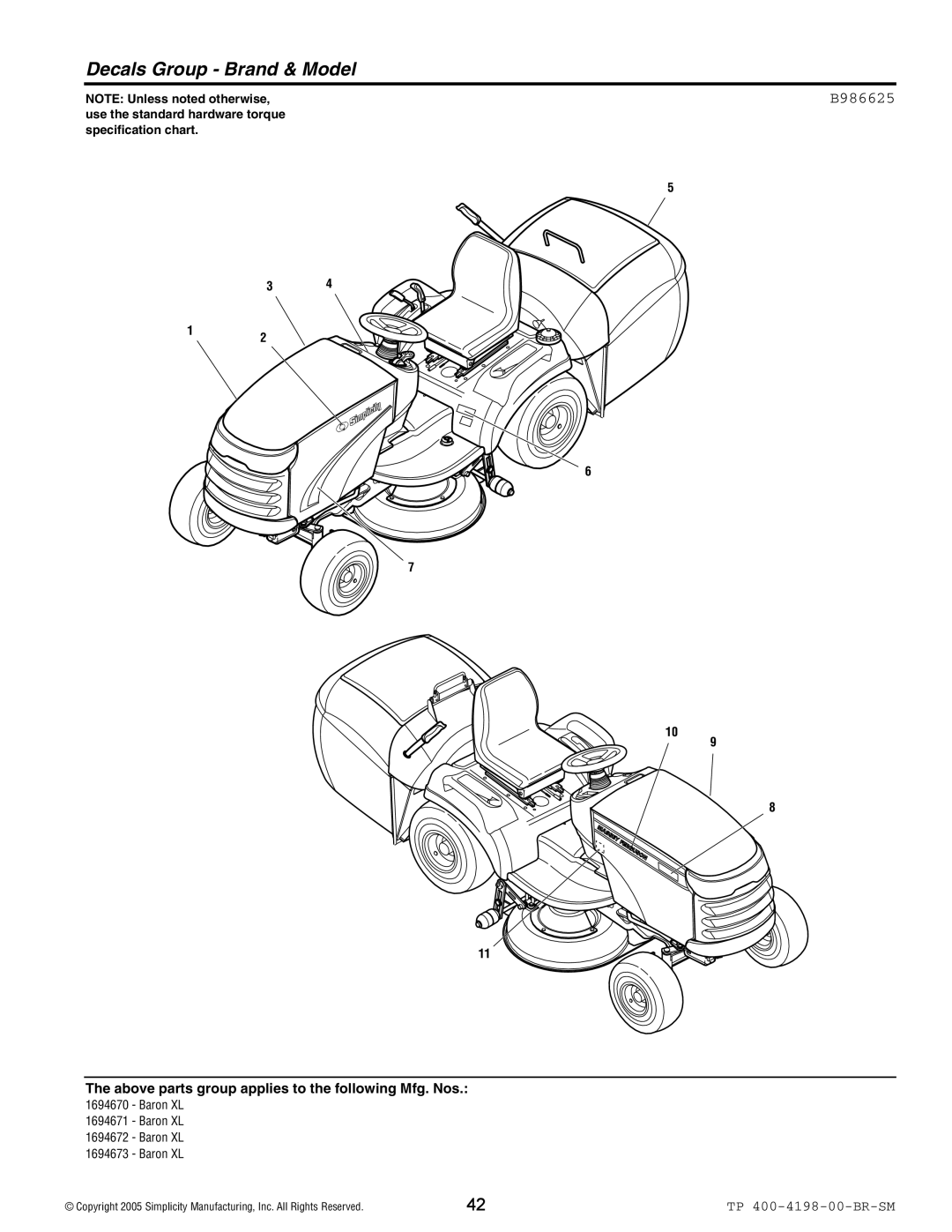 Simplicity Baron XL manual Decals Group Brand & Model, B986625 