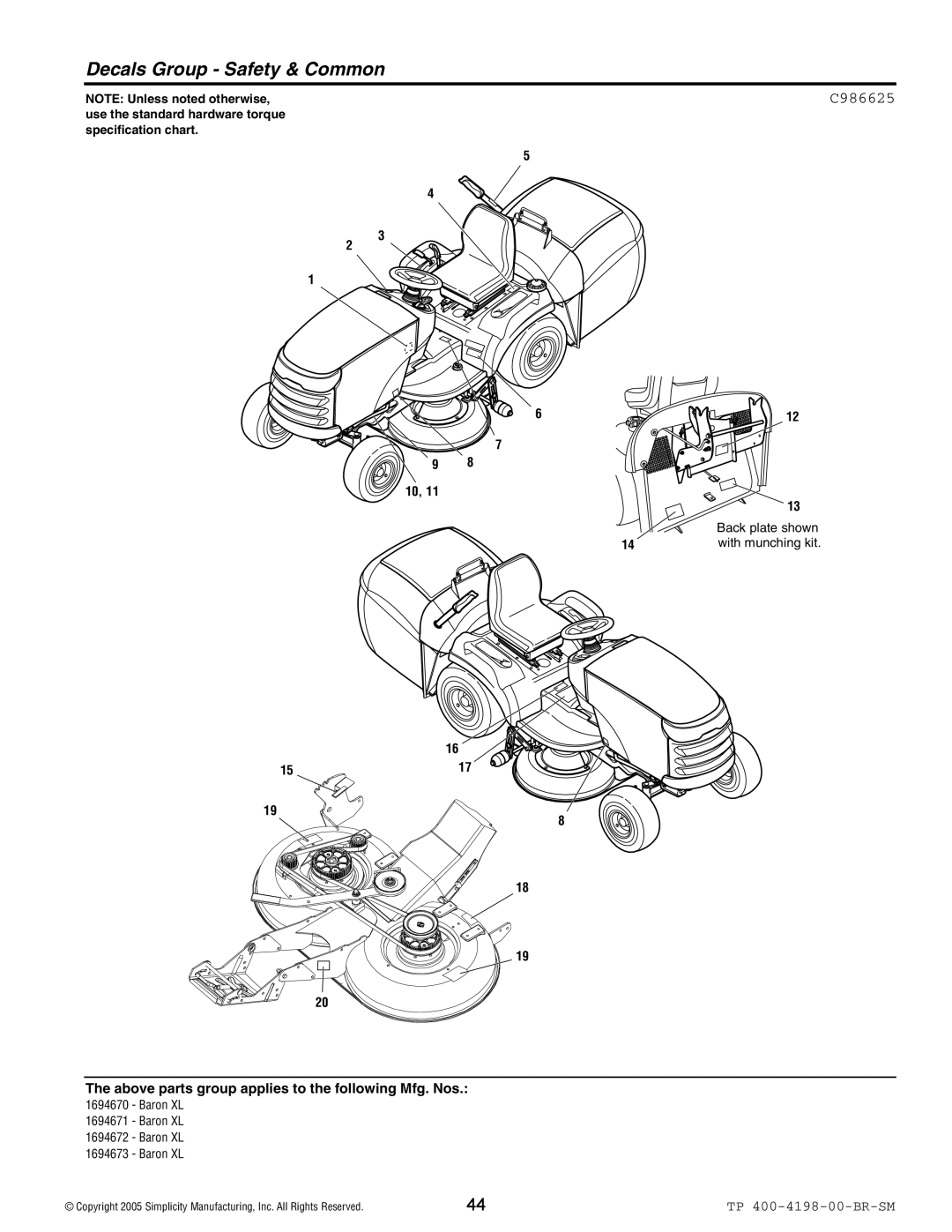 Simplicity Baron XL manual Decals Group Safety & Common, C986625 