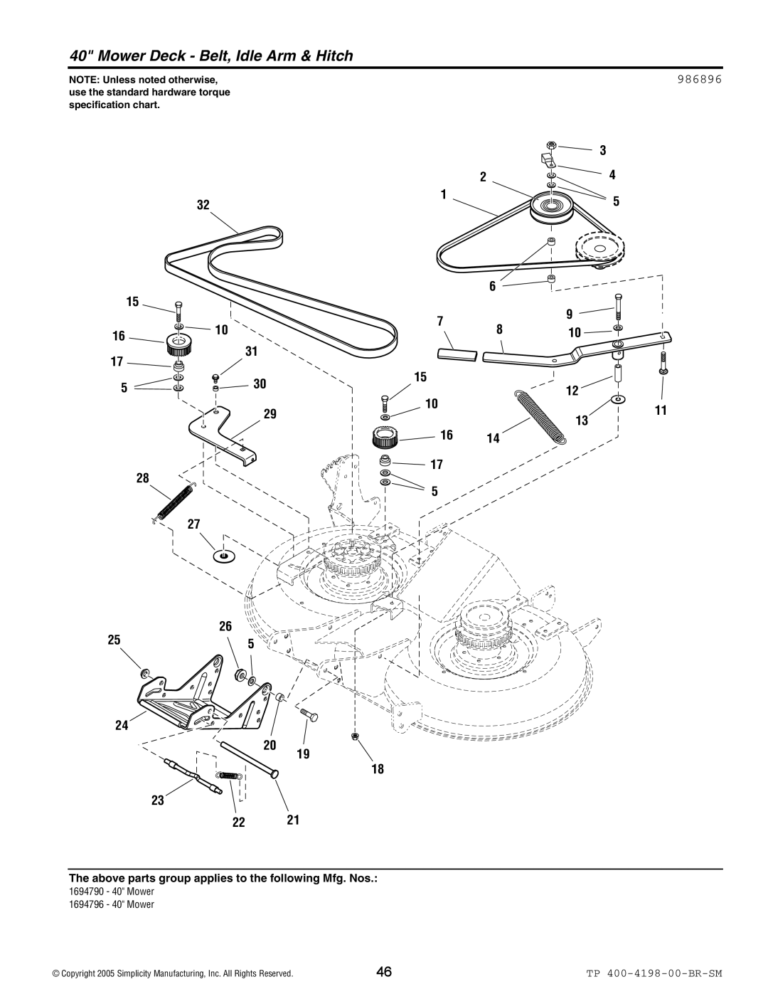 Simplicity Baron XL manual Mower Deck Belt, Idle Arm & Hitch, 986896 