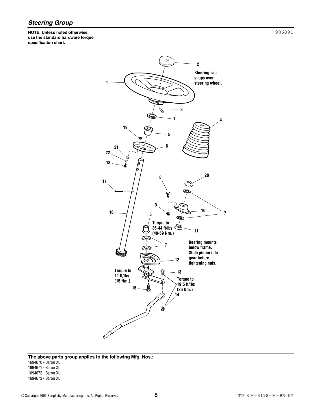 Simplicity Baron XL manual Steering Group, 986091 