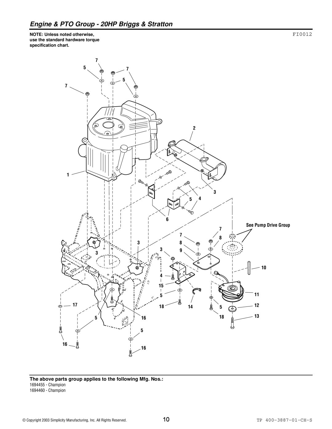 Simplicity Champion manual Engine & PTO Group 20HP Briggs & Stratton, FI0012 