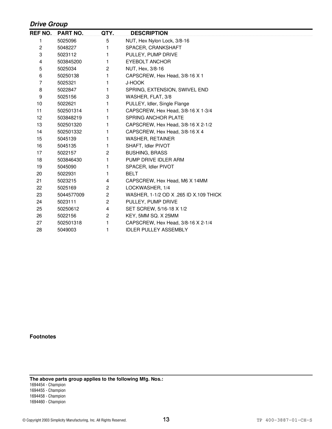 Simplicity Champion SPACER, Crankshaft, PULLEY, Pump Drive, Eyebolt Anchor, Hook, SPRING, EXTENSION, Swivel END, Belt 