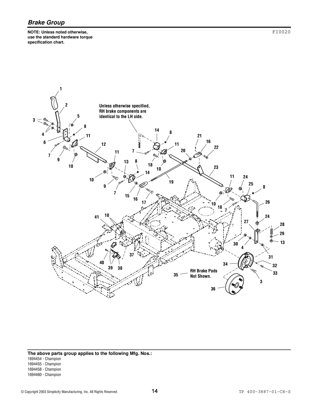 Simplicity Champion manual Brake Group, FI0020 